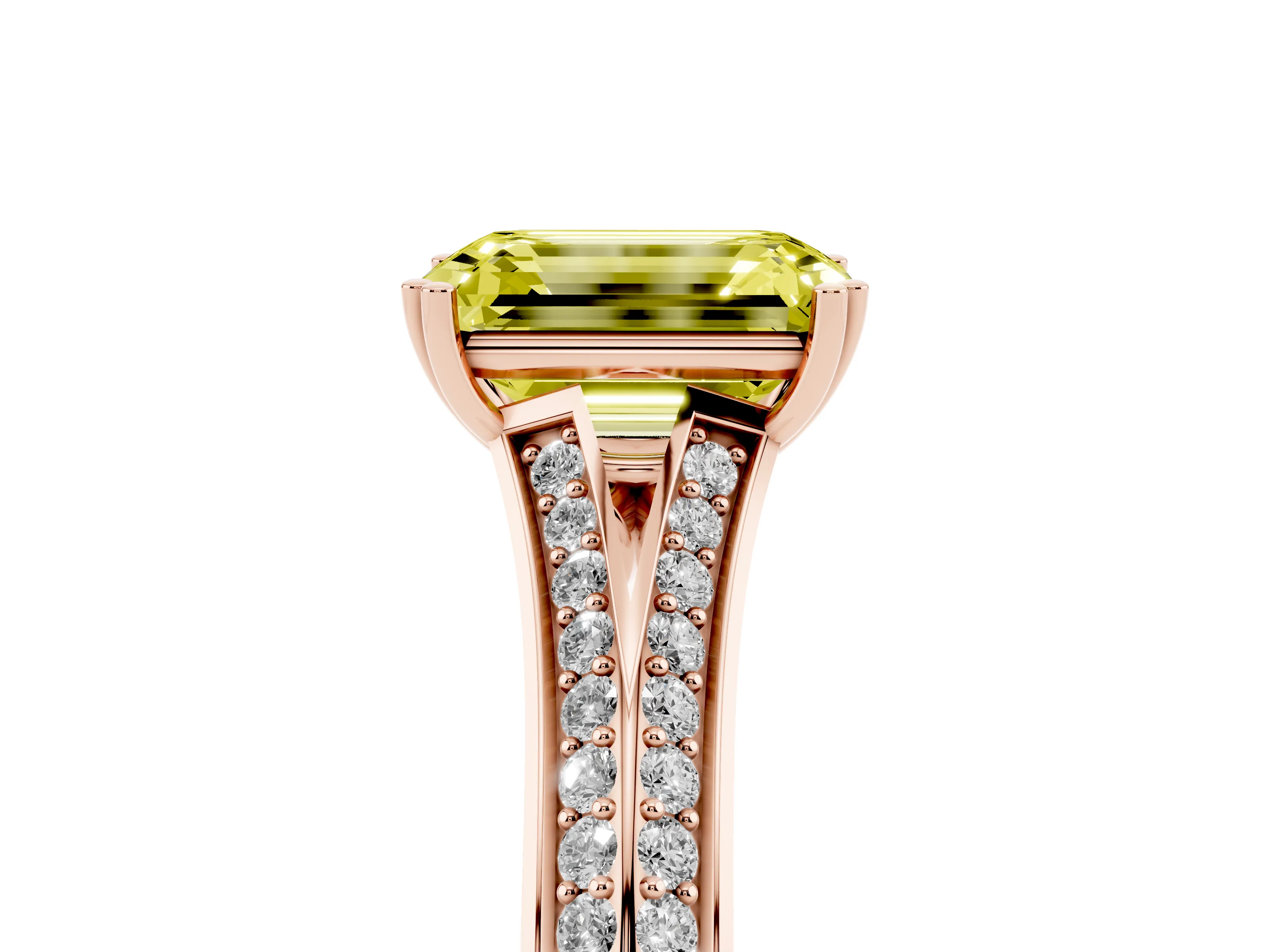 Fancy Yellow Emerald Cut Diamond Split Shank Pavé Engagement Ring Set in Rose gold with Prong-Set Center Stone