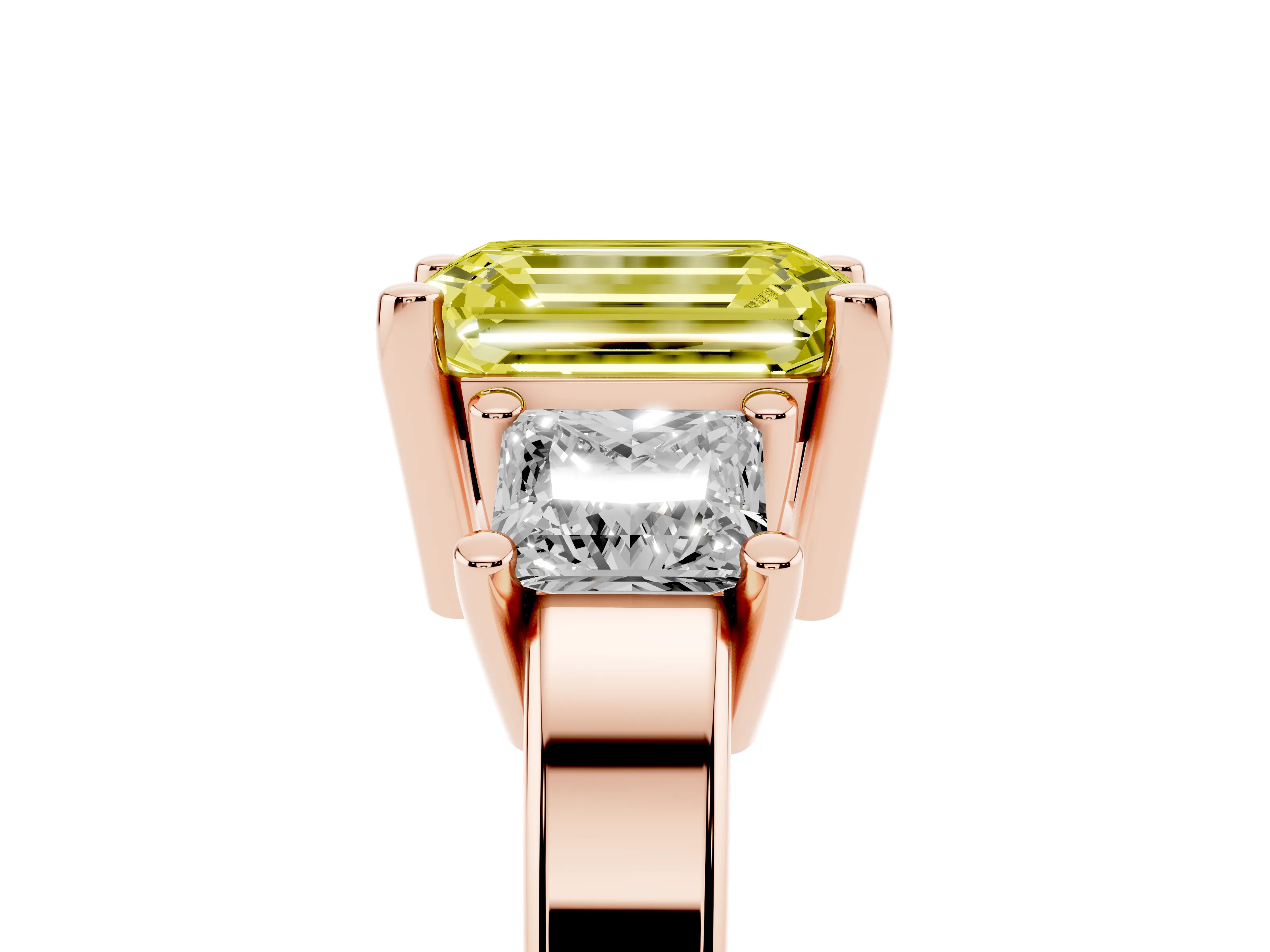 Fancy Yellow Three-Stone Emerald Cut Diamond Solitaire Ring Set in Rose gold with Prong Setting