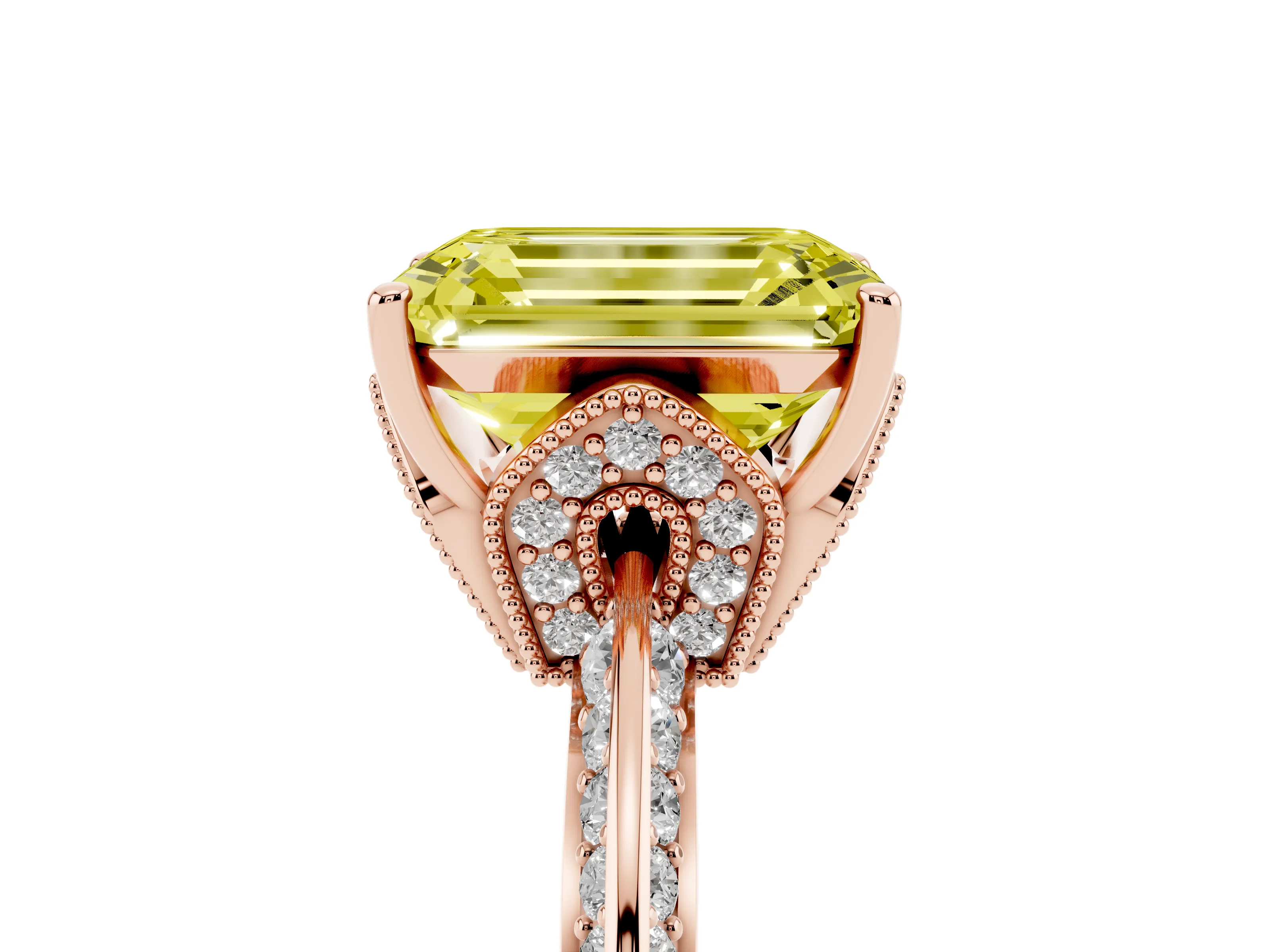 Fancy Yellow Emerald Cut Diamond Solitaire Engagement Ring Set in Rose gold with Pavé Split Shank and Prong Setting