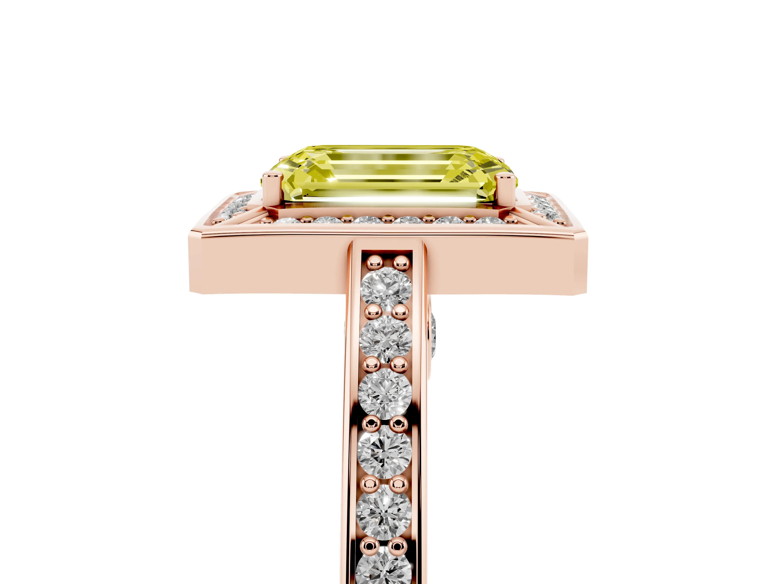 Fancy Yellow Emerald Cut Diamond Halo Pavé Split Shank Ring Set in Rose gold with Prong Setting