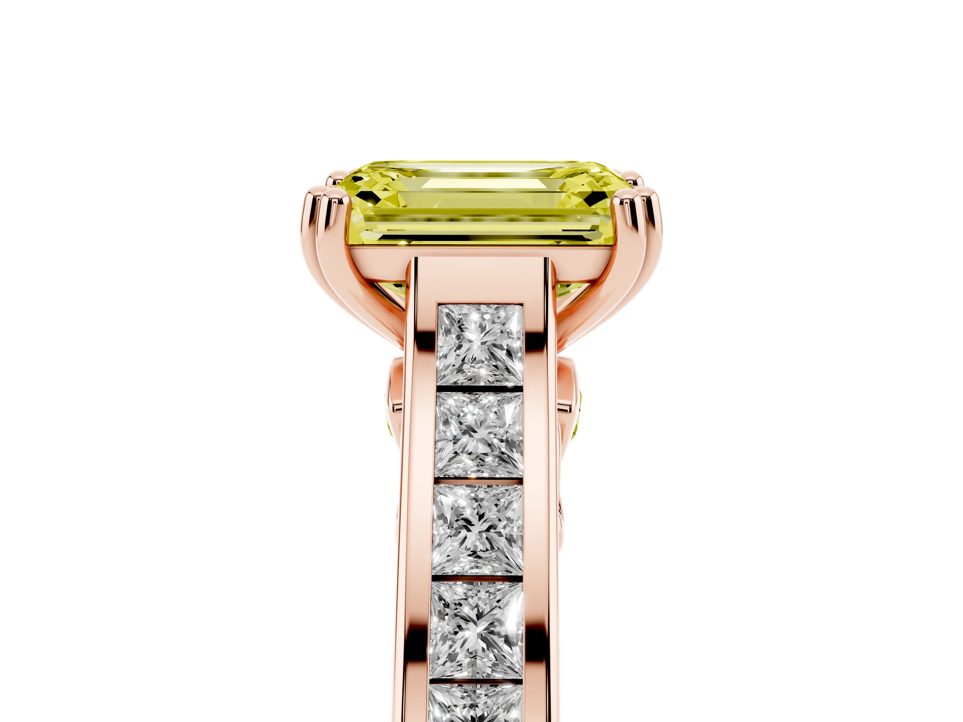 Fancy Yellow Emerald Cut Diamond Channel Set Solitaire Engagement Ring Set in Rose gold with Prong Setting