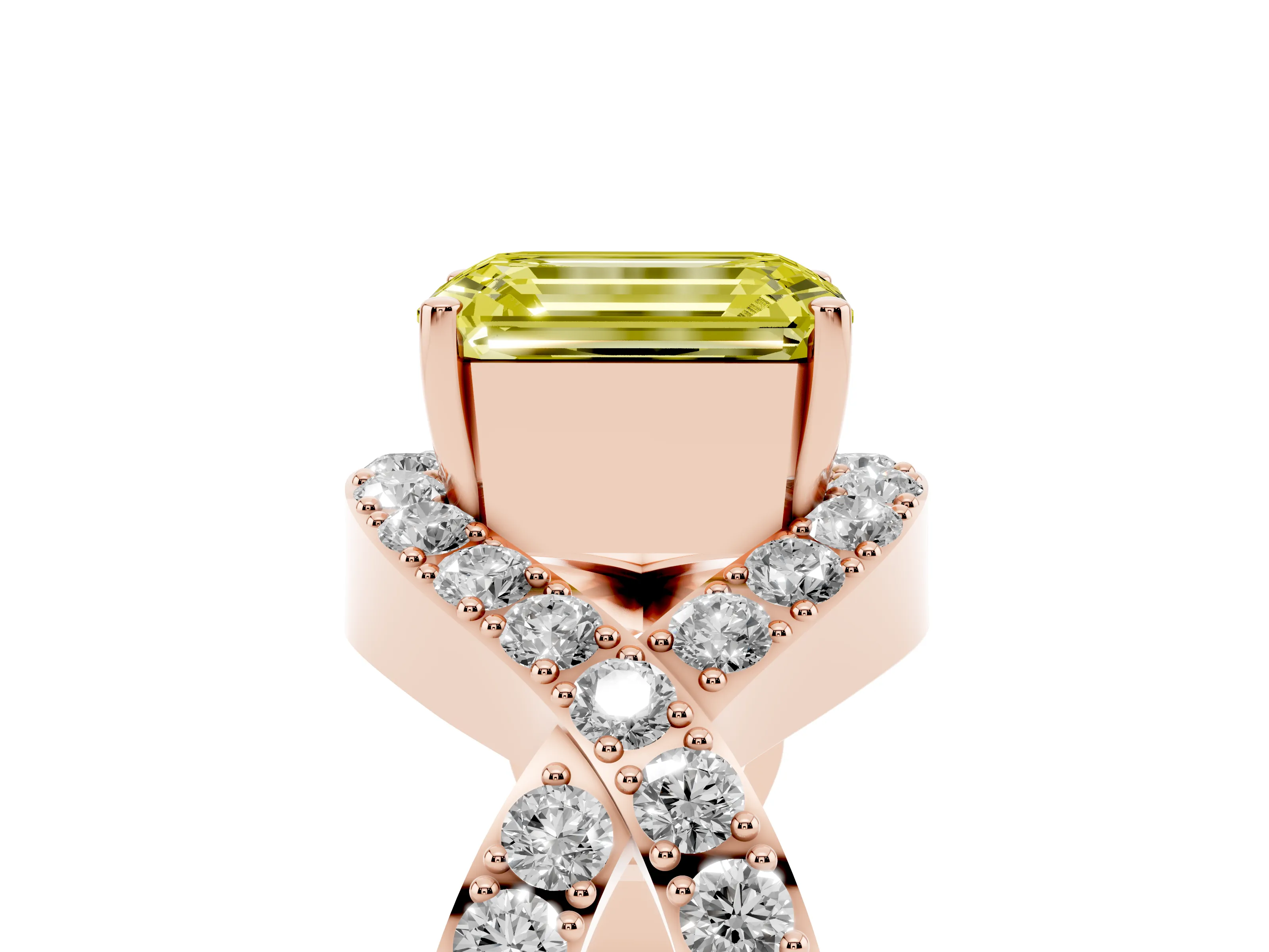 Fancy Yellow Emerald Cut Diamond Solitaire Twist Band Pavé Engagement Ring Set in Rose gold