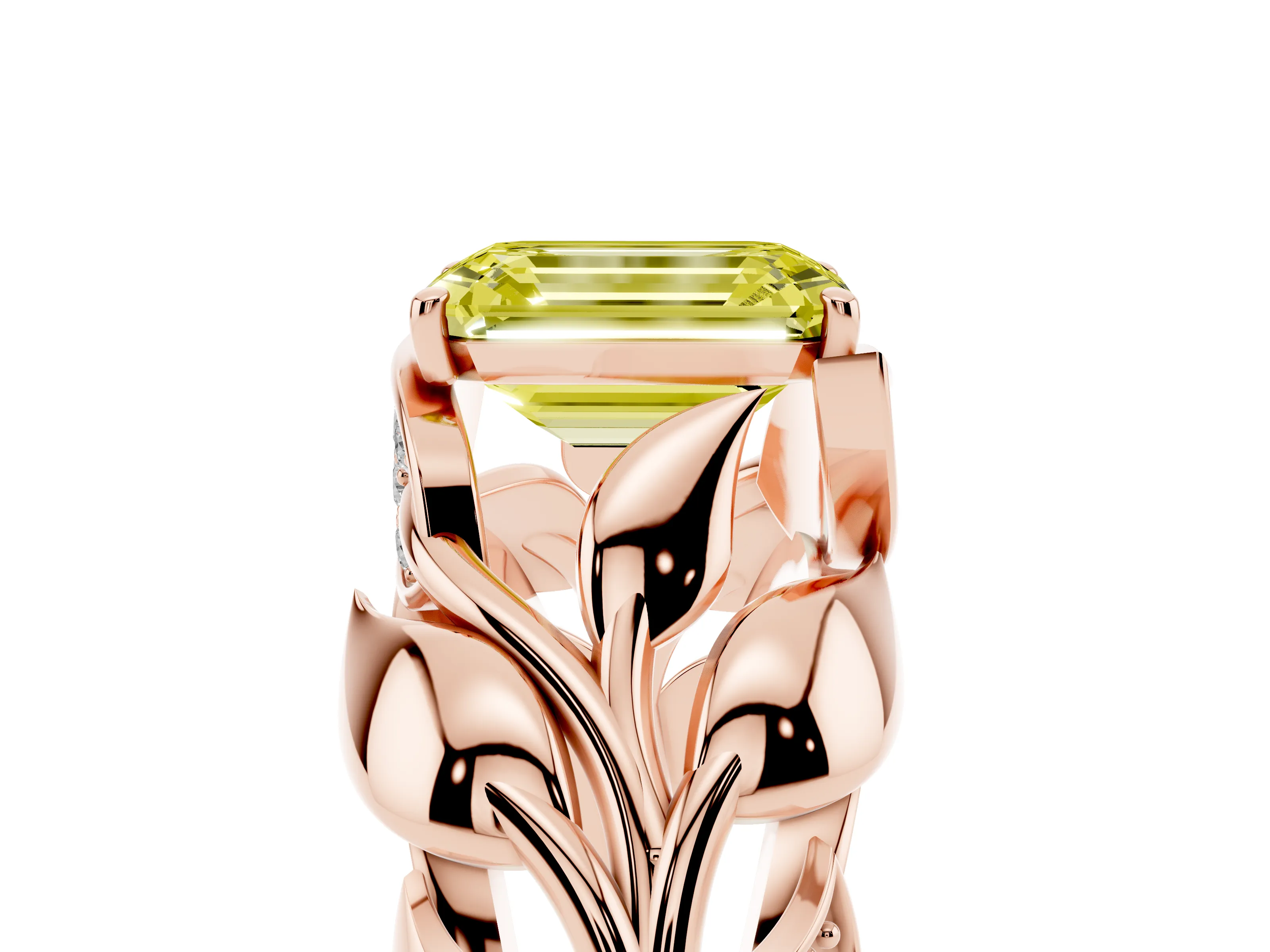 Fancy Yellow Emerald Cut Diamond Leaf-Inspired Engagement Ring Set in Rose gold with Round Accents