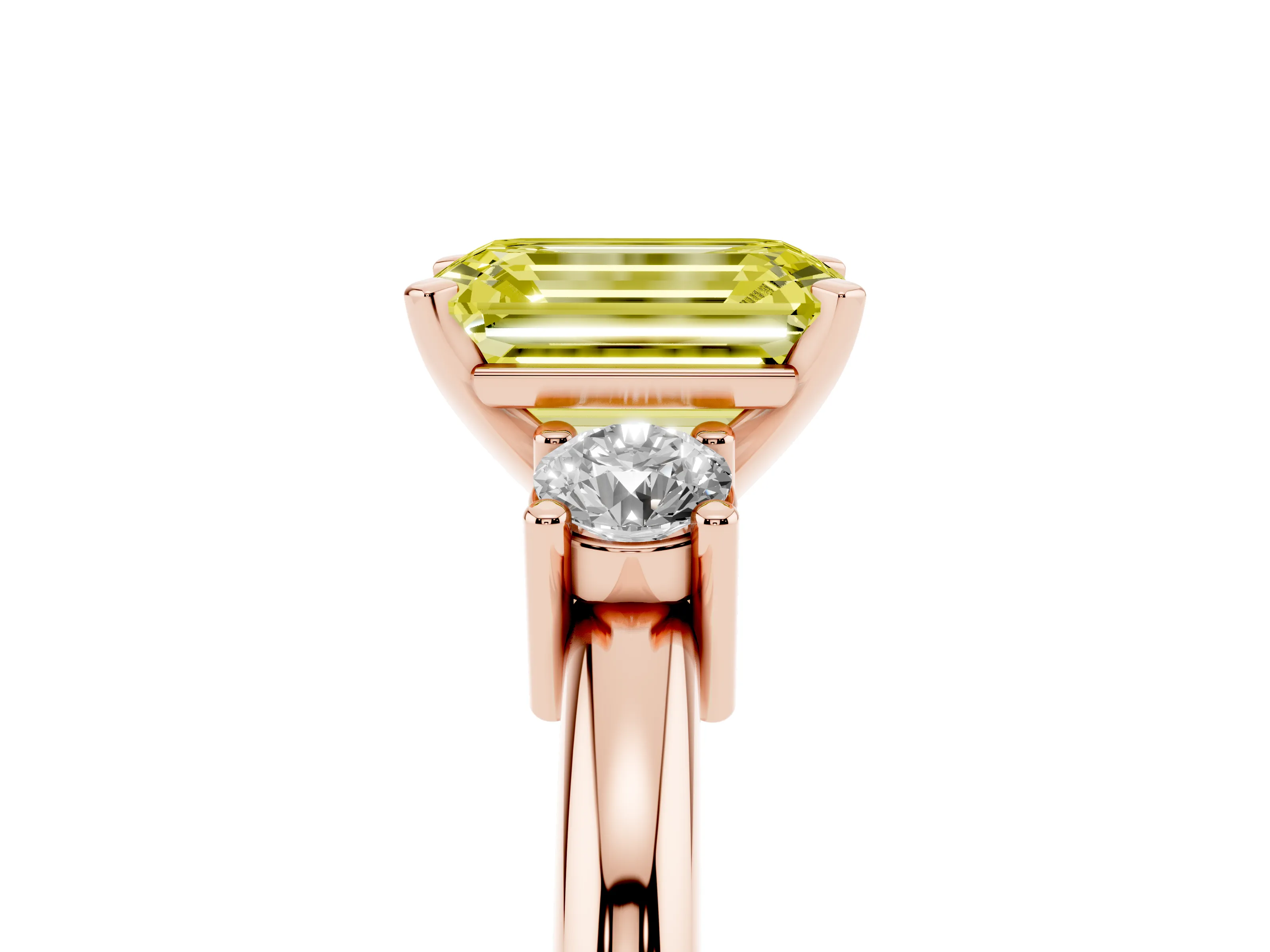 Fancy Yellow Three-Stone Emerald Cut Diamond Ring Set in Rose gold with Prong Setting and Plain Band