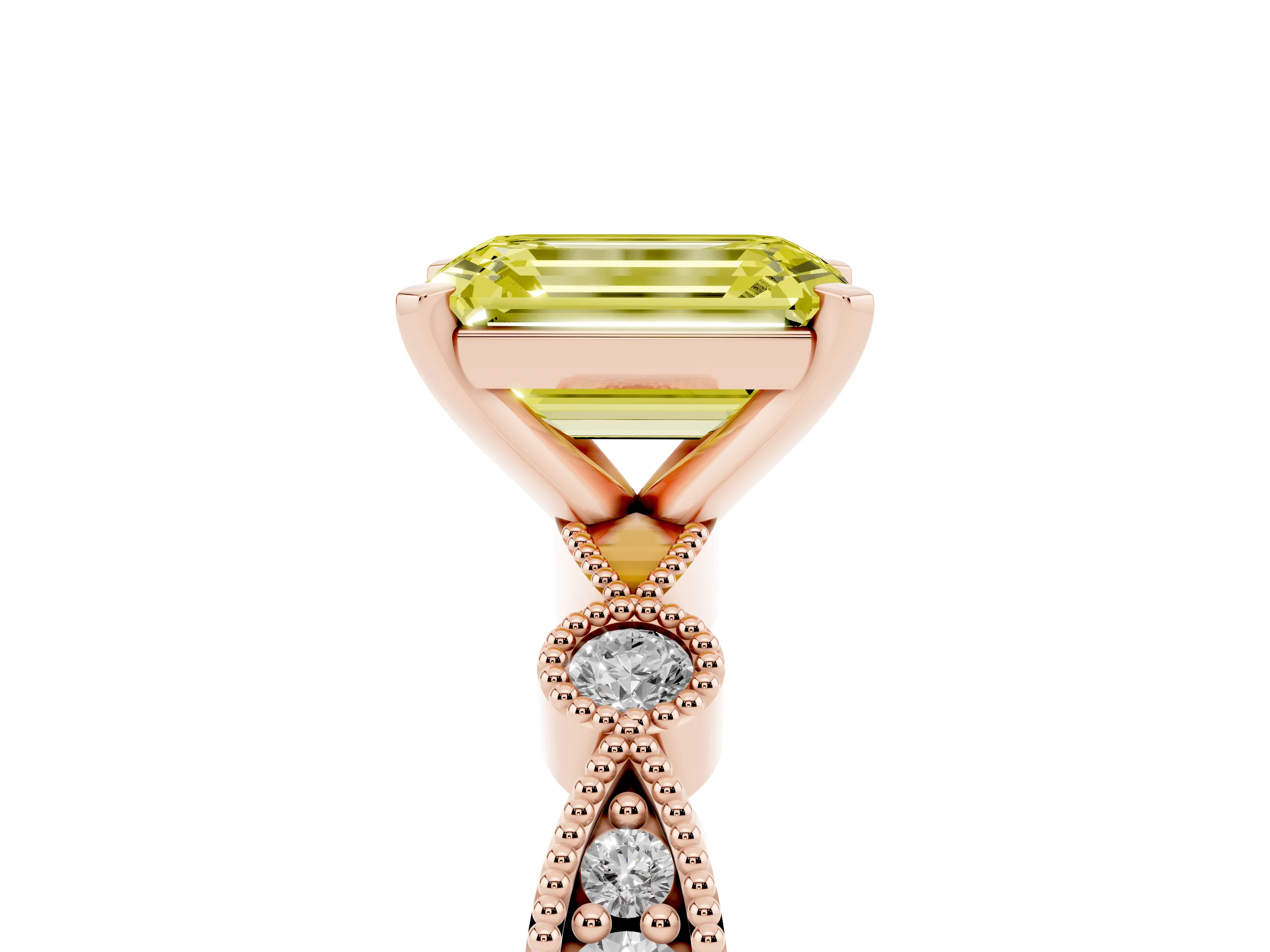 Fancy Yellow Emerald Cut Diamond Solitaire Engagement Ring Set in Rose gold with Milgrain Bezel Accent Band