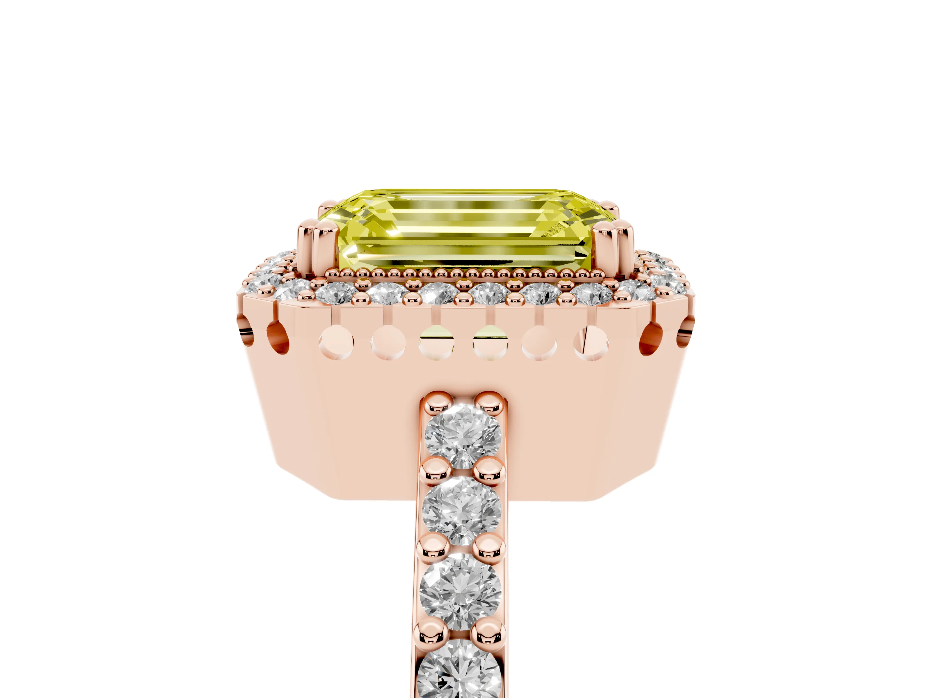Fancy Yellow Emerald Cut Diamond Halo Engagement Ring Set in Rose gold with Milgrain Detail and Pavé Band