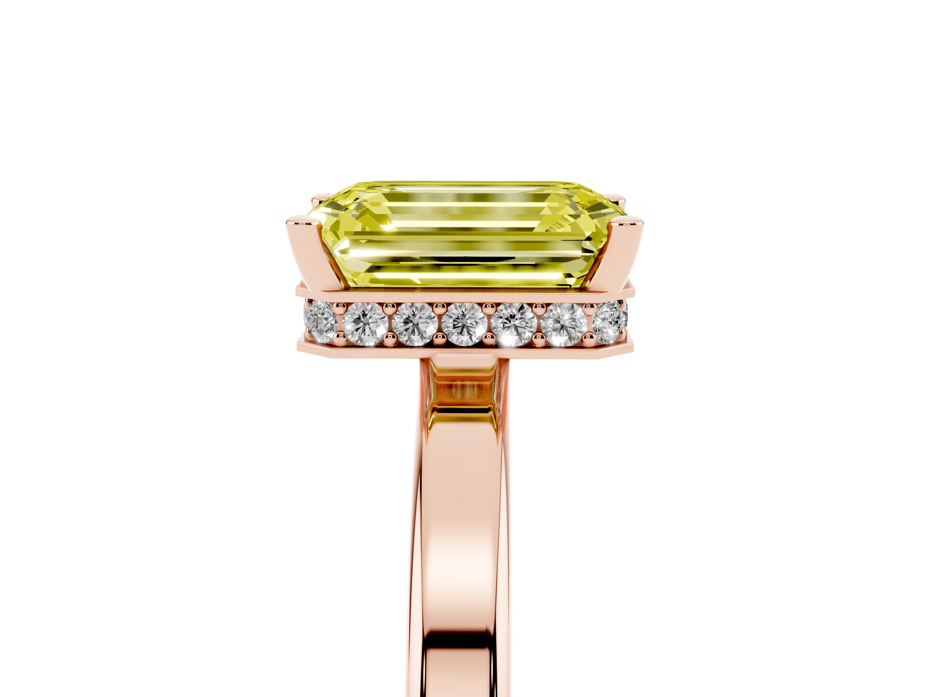 Fancy Yellow Emerald Cut Diamond Solitaire Engagement Ring Set in Rose gold with Prong Setting on a Plain Band
