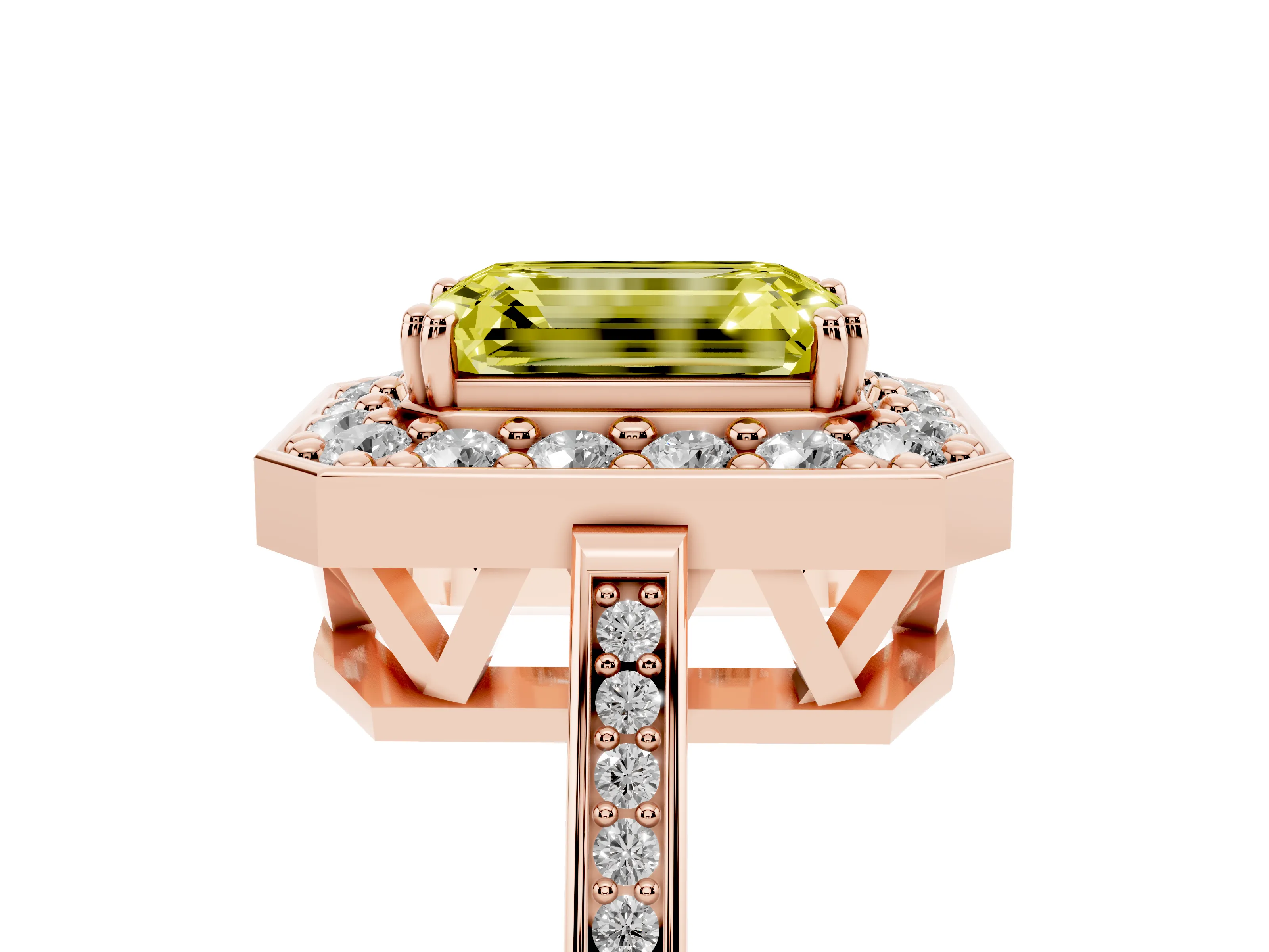 Fancy Yellow Emerald Cut Diamond Halo Ring Set in Rose gold with Accent-Lined Split Shank and Prong Setting
