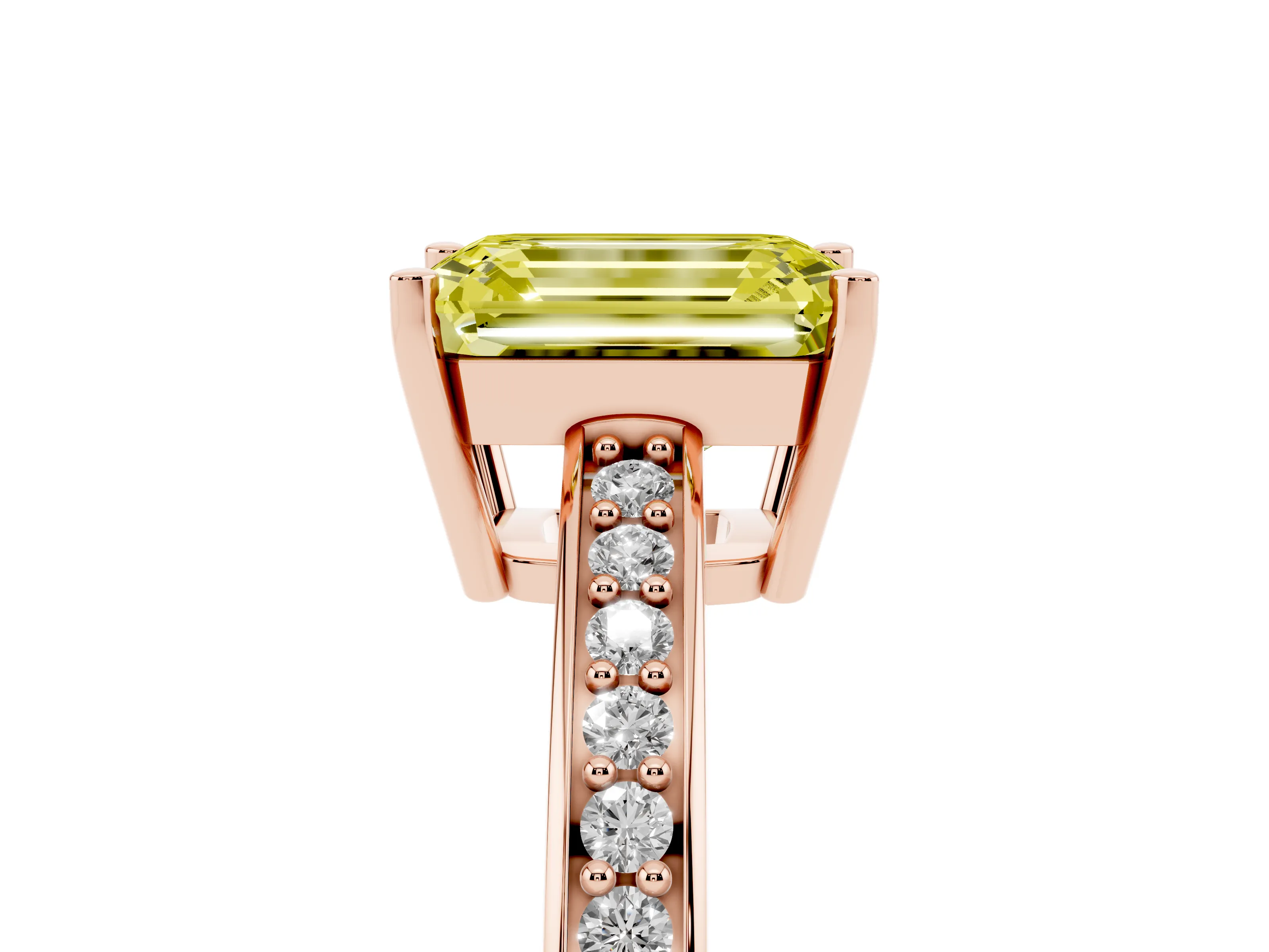 Fancy Yellow Emerald Cut Diamond Pavé Band Prong Set Solitaire Ring Set in Rose gold