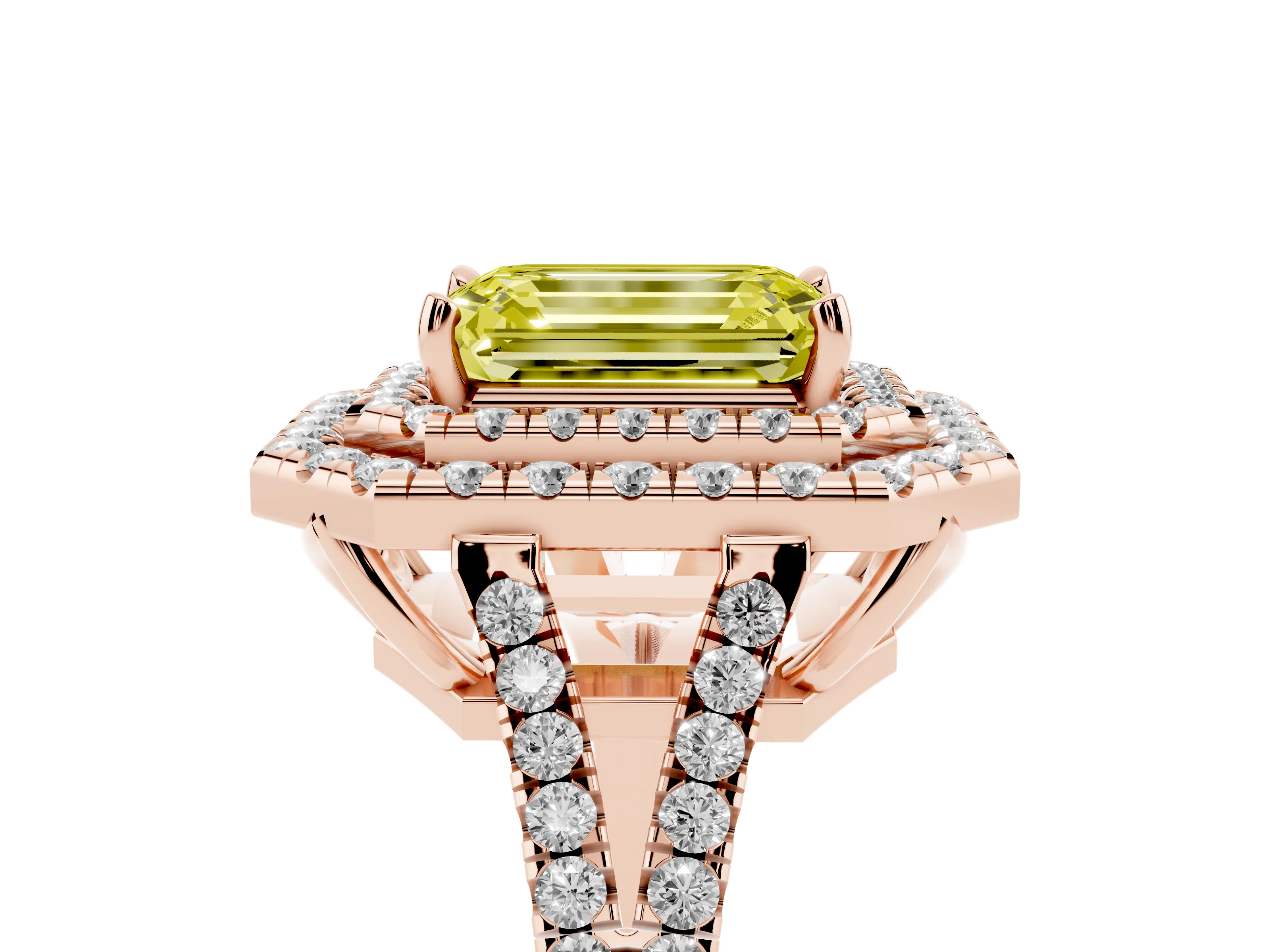 Fancy Yellow Emerald Cut Diamond Double Halo Ring Set in Rose gold with Pavé Band