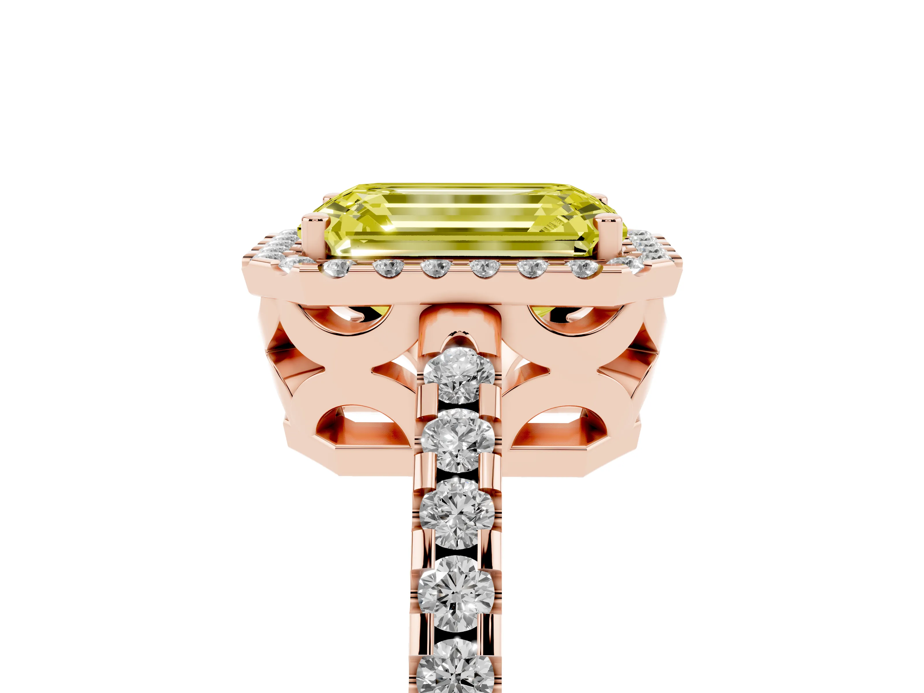 Fancy Yellow Emerald Cut Diamond Halo Ring Set in Rose gold with Pavé Shoulders and Halo-Framed Center