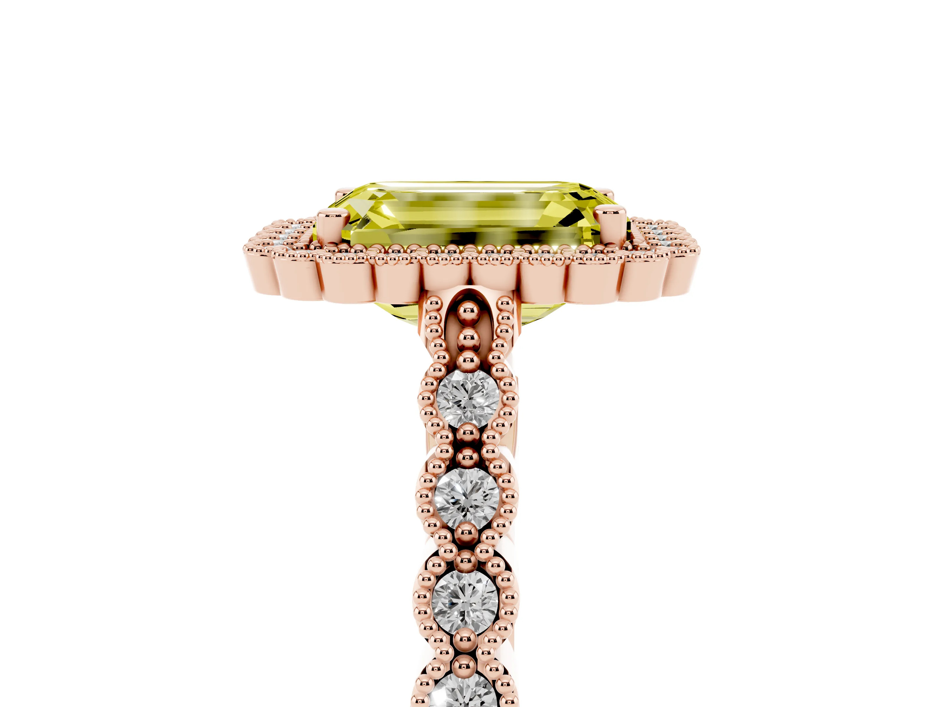 Fancy Yellow Emerald Cut Diamond Halo Ring Set in Rose gold with Pavé Milgrain Band