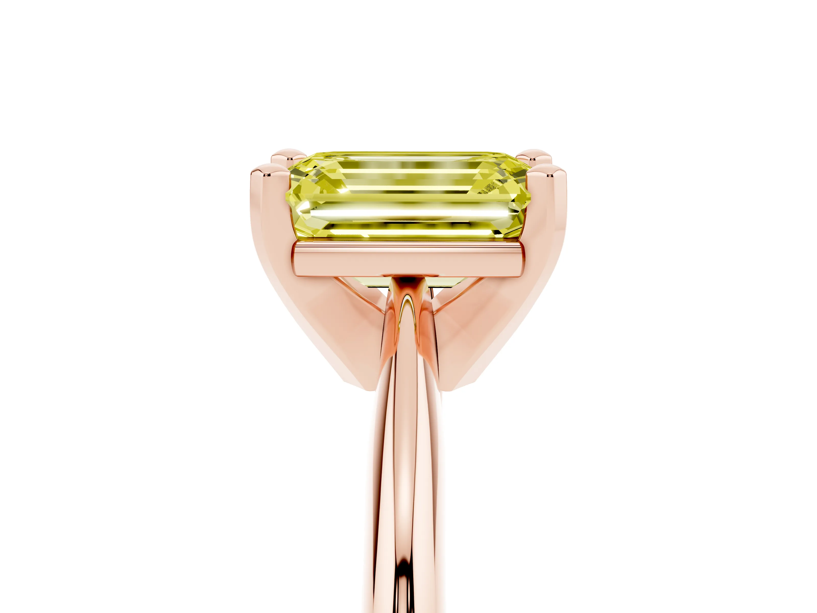 Fancy Yellow Emerald Cut Diamond Solitaire Ring Set in Rose gold with Prong Setting on a Plain Round Band