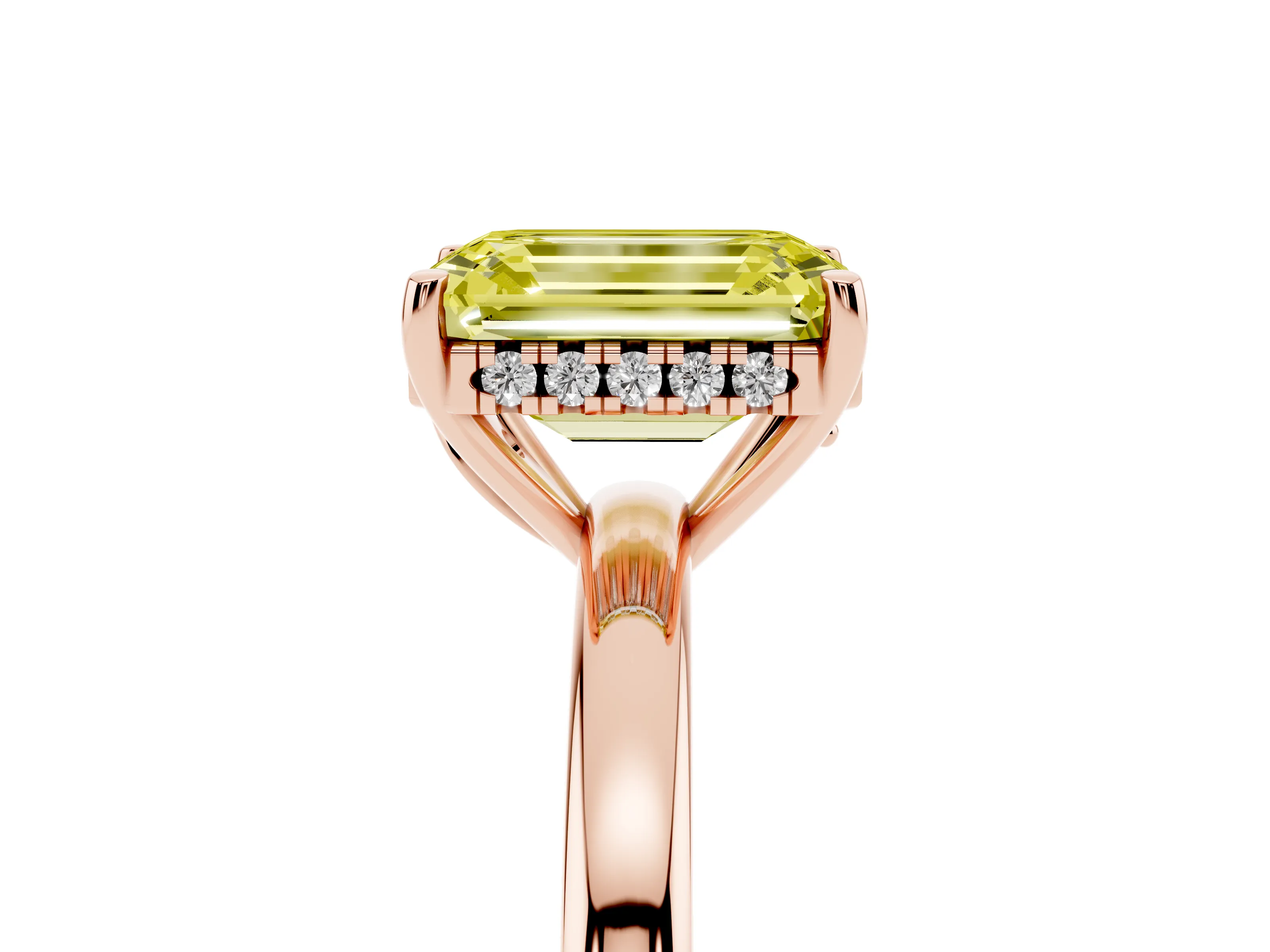 Fancy Yellow Emerald Cut Diamond Solitaire Ring Set in Rose gold with Plain Band and Prong Setting