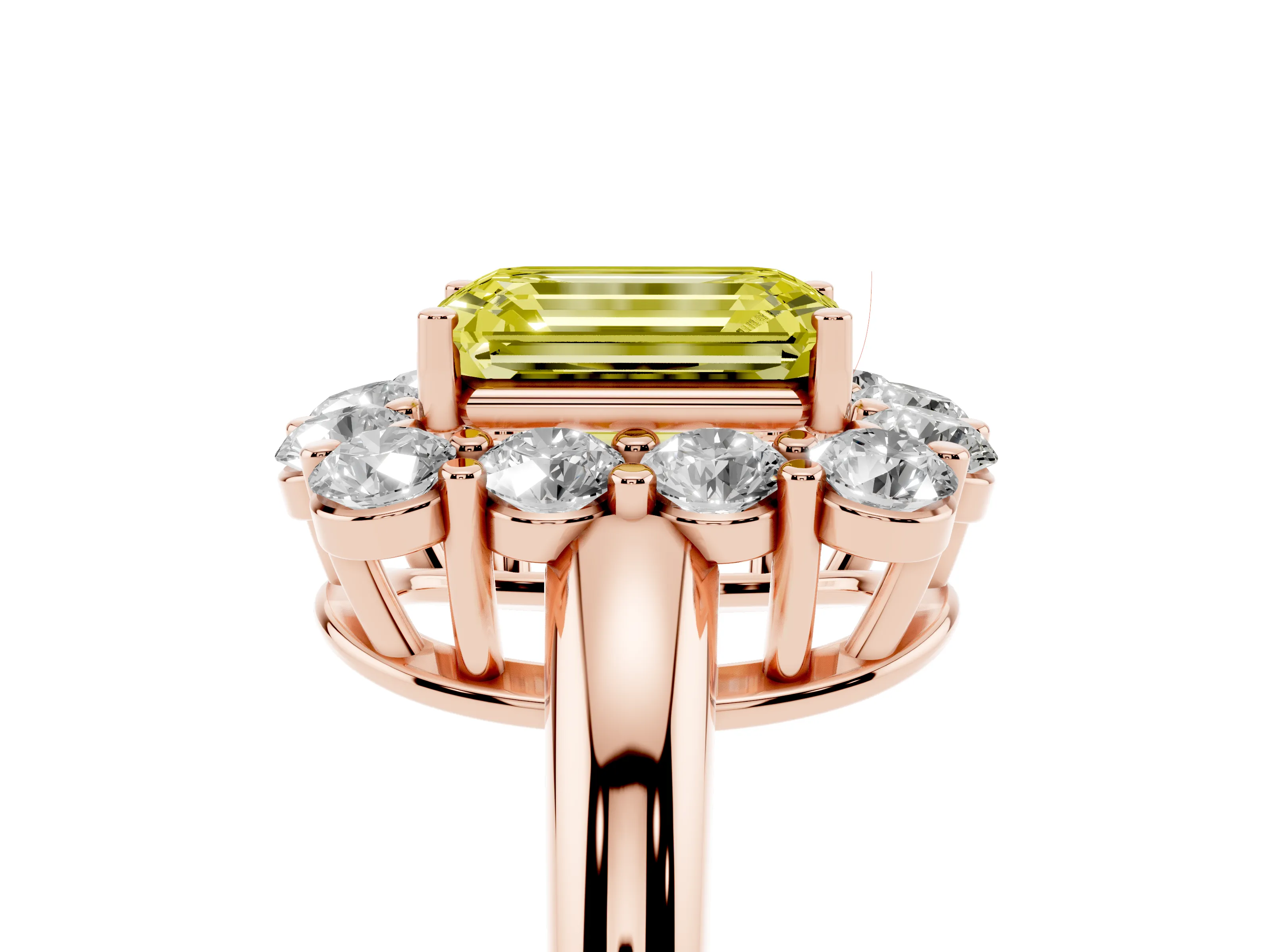 Fancy Yellow Emerald Cut Diamond Halo Cluster Engagement Ring Set in Rose gold with Polished Band and Prong Setting