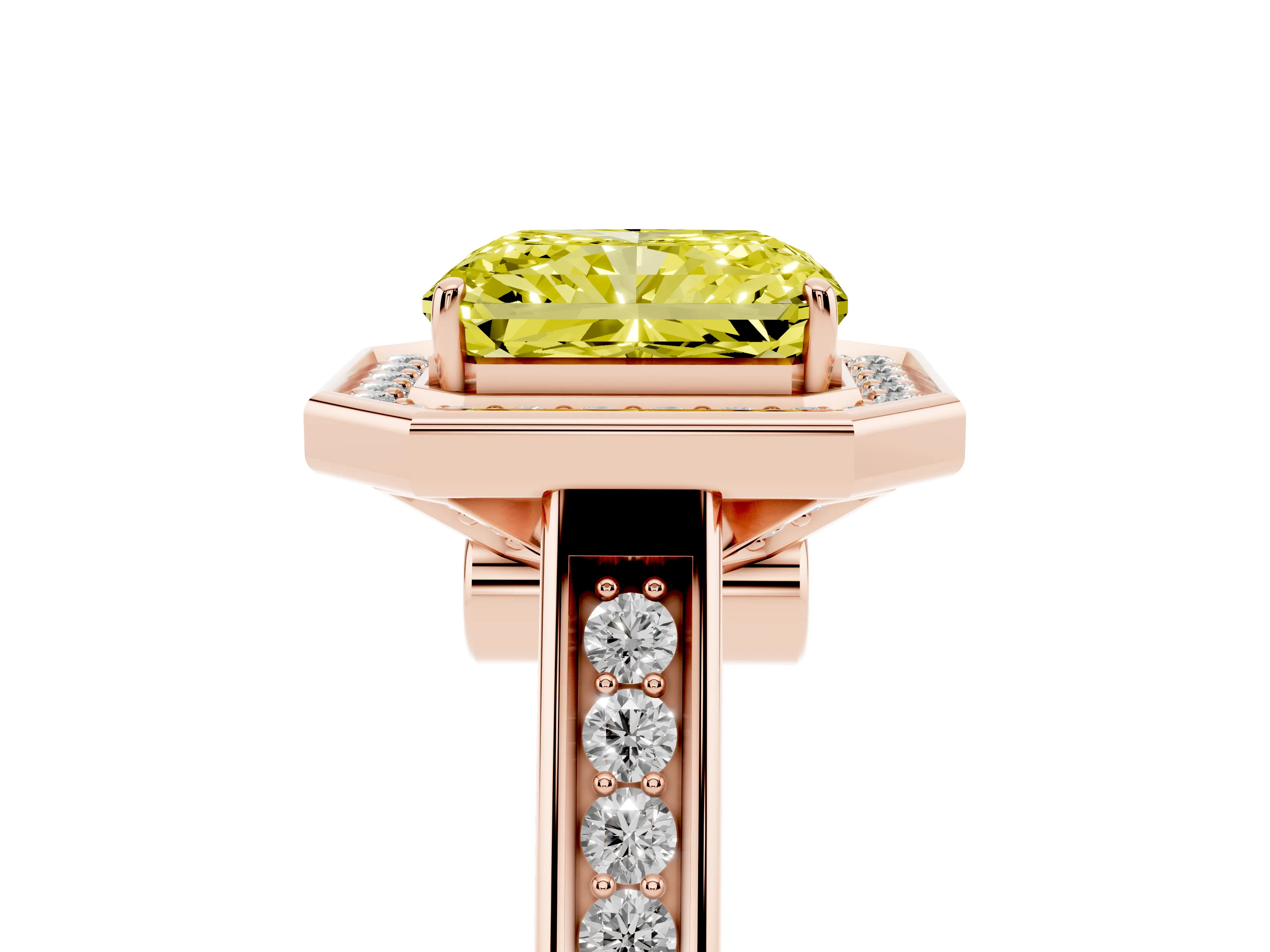 Fancy Yellow Emerald Cut Diamond Halo Solitaire Ring Set in Rose gold with Pavé Band and Bezel Setting
