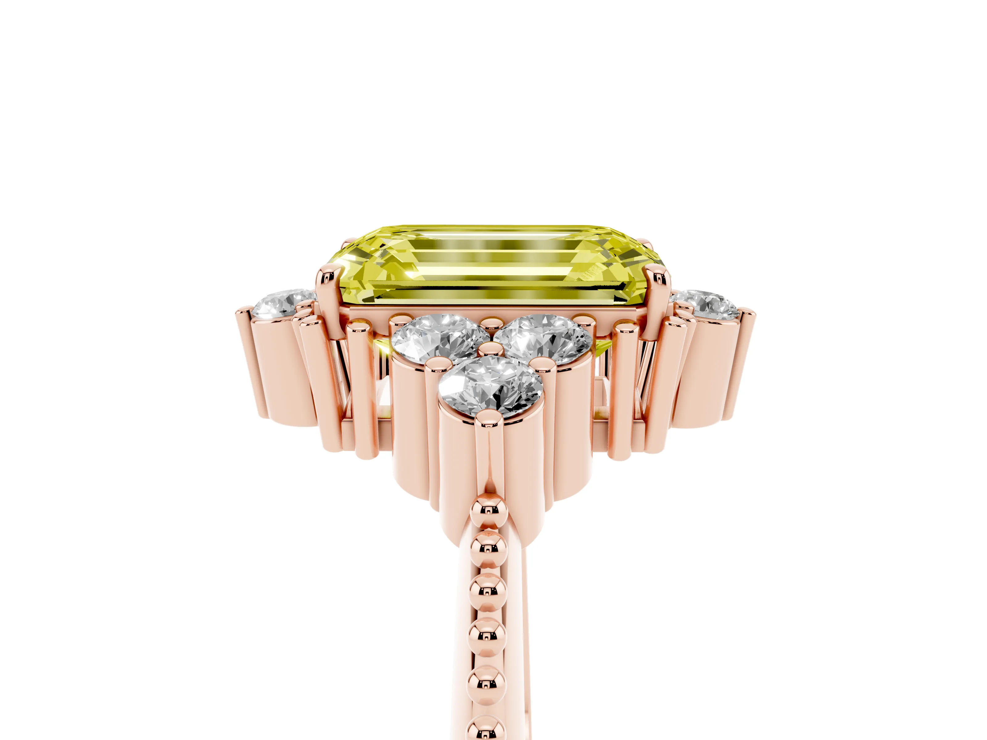 Fancy Yellow Emerald Cut Diamond Cluster Ring Set in Rose gold with Beaded Band