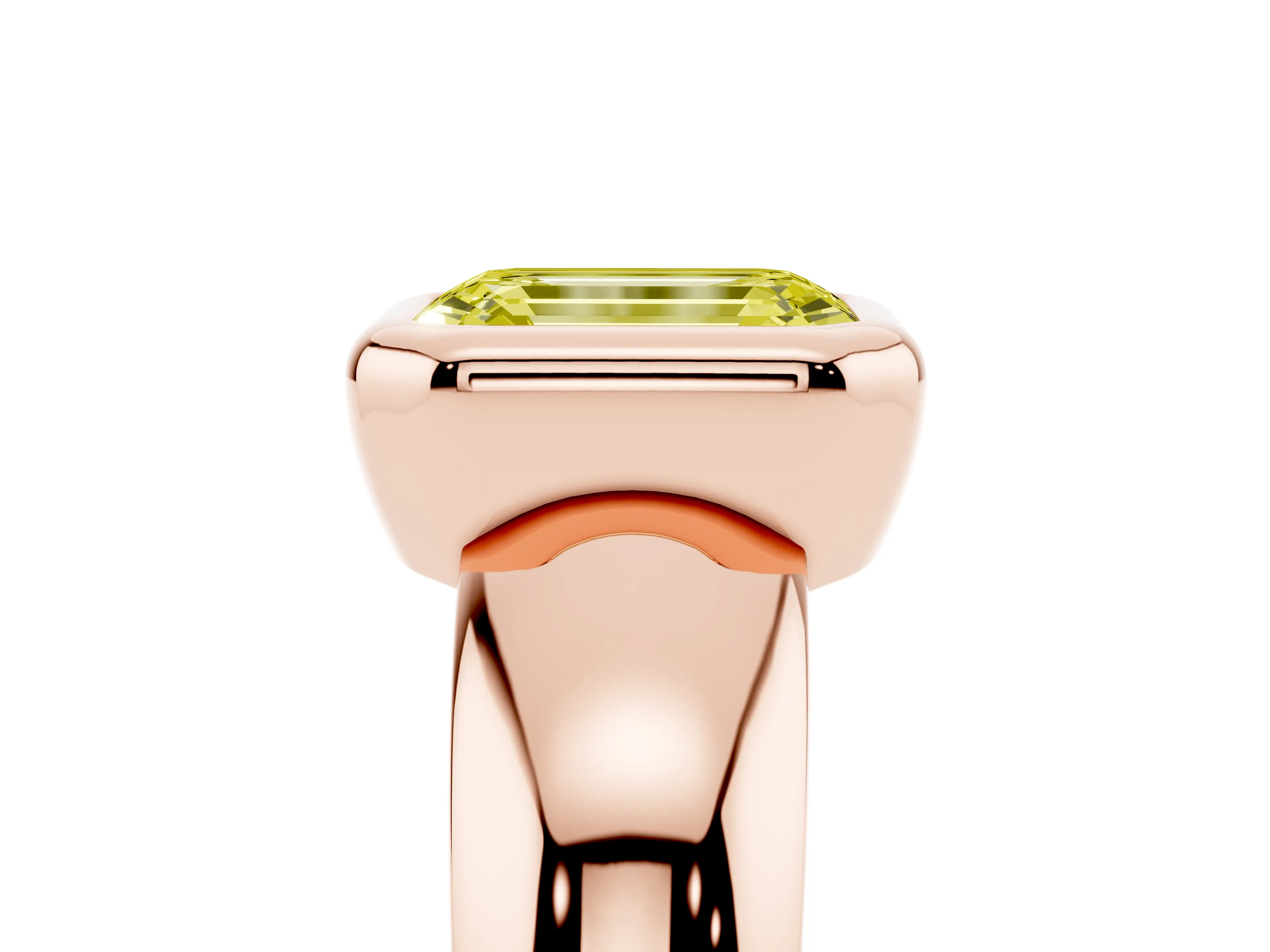 Fancy Yellow Bezel Set Emerald Cut Diamond Solitaire Ring Set in Rose gold with Wide Band