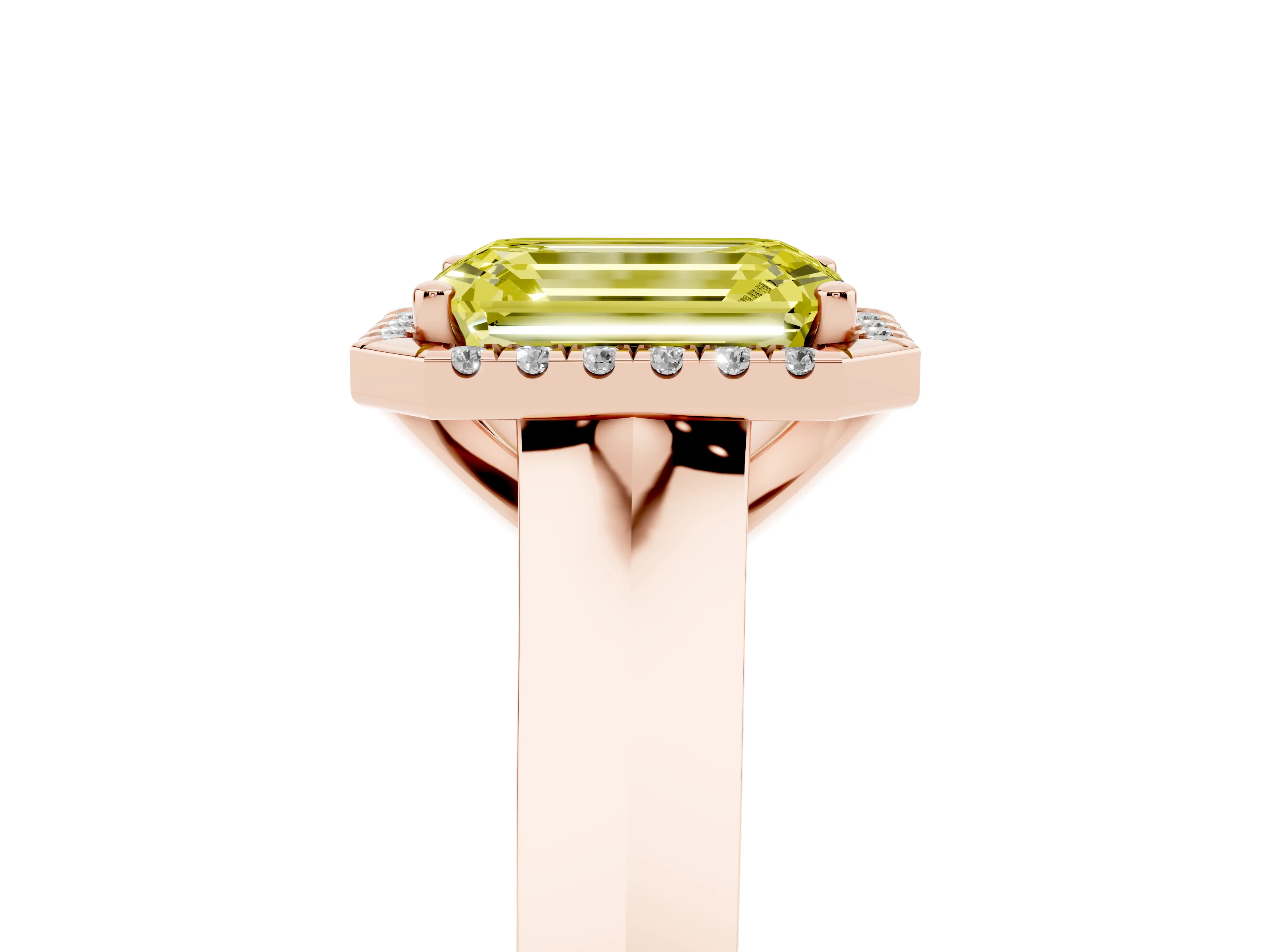 Fancy Yellow Emerald Cut Diamond Halo Ring Set in Rose gold with Cathedral Band and Prong Setting