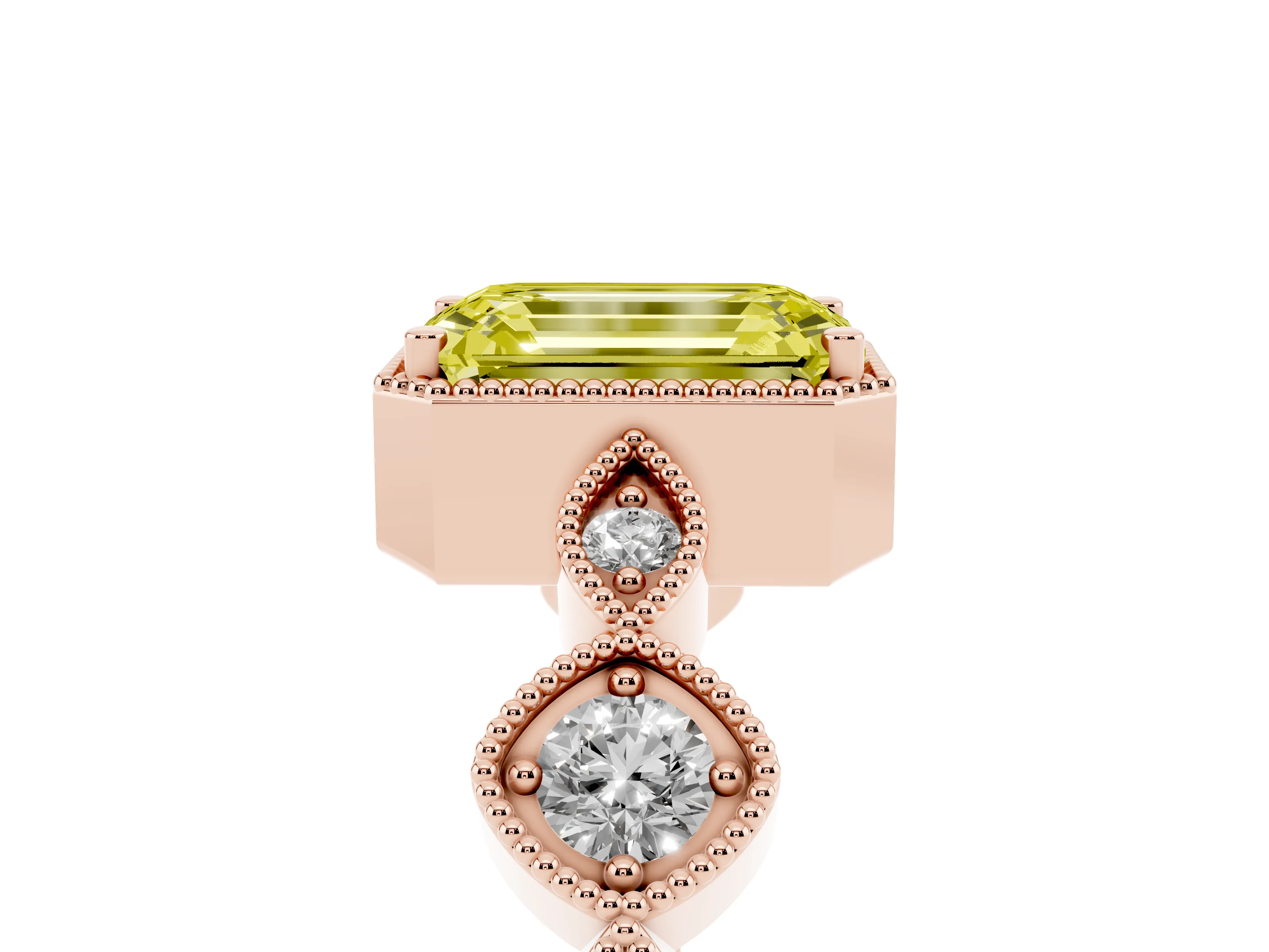 Fancy Yellow Emerald Cut Diamond Vintage-Inspired Milgrain Ring Set in Rose gold with Marquise Stations of Round Accents