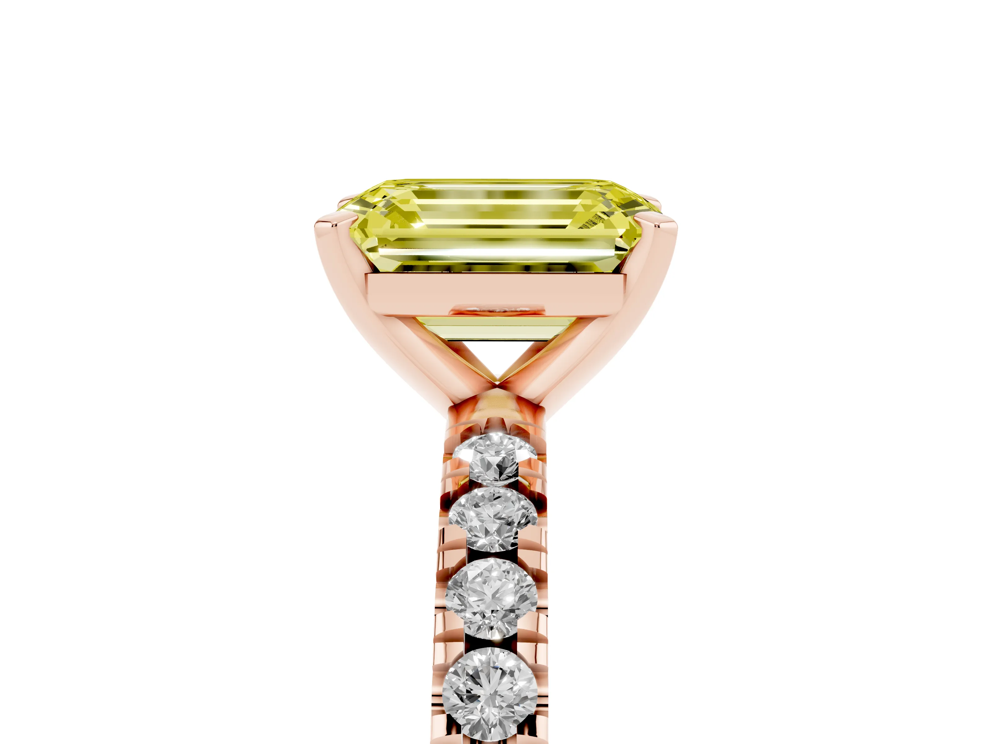 Fancy Yellow Emerald Cut Diamond Pavé Band Solitaire Set in Rose gold with Prong Setting