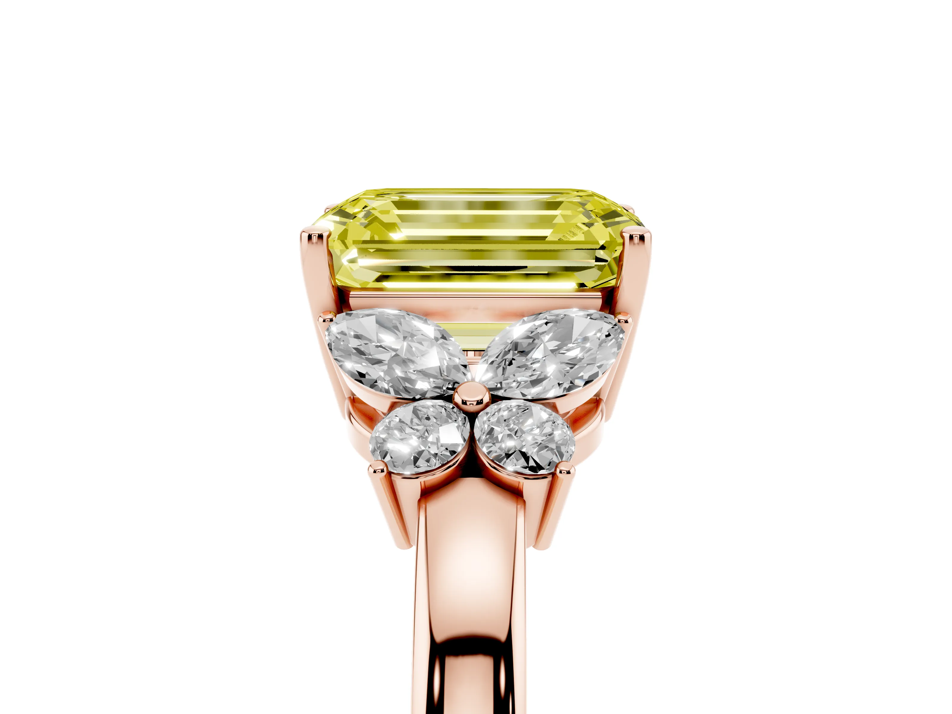 Fancy Yellow Emerald Cut Diamond Solitaire Floral Ring Set in Rose gold with Marquise Petals and Prong Setting