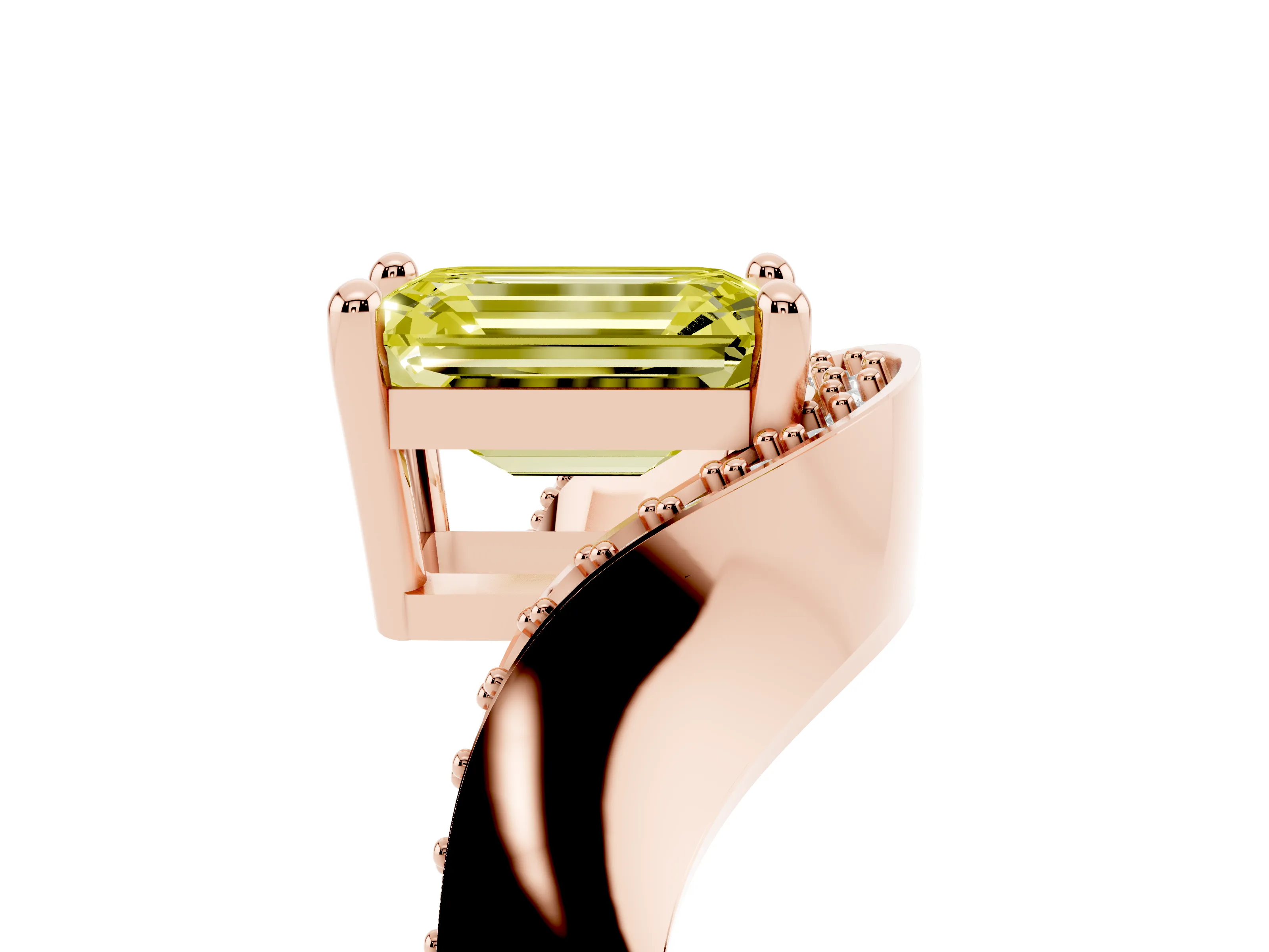Fancy Yellow Emerald Cut Diamond Solitaire Engagement Ring Set in Rose gold with Pavé Shoulders