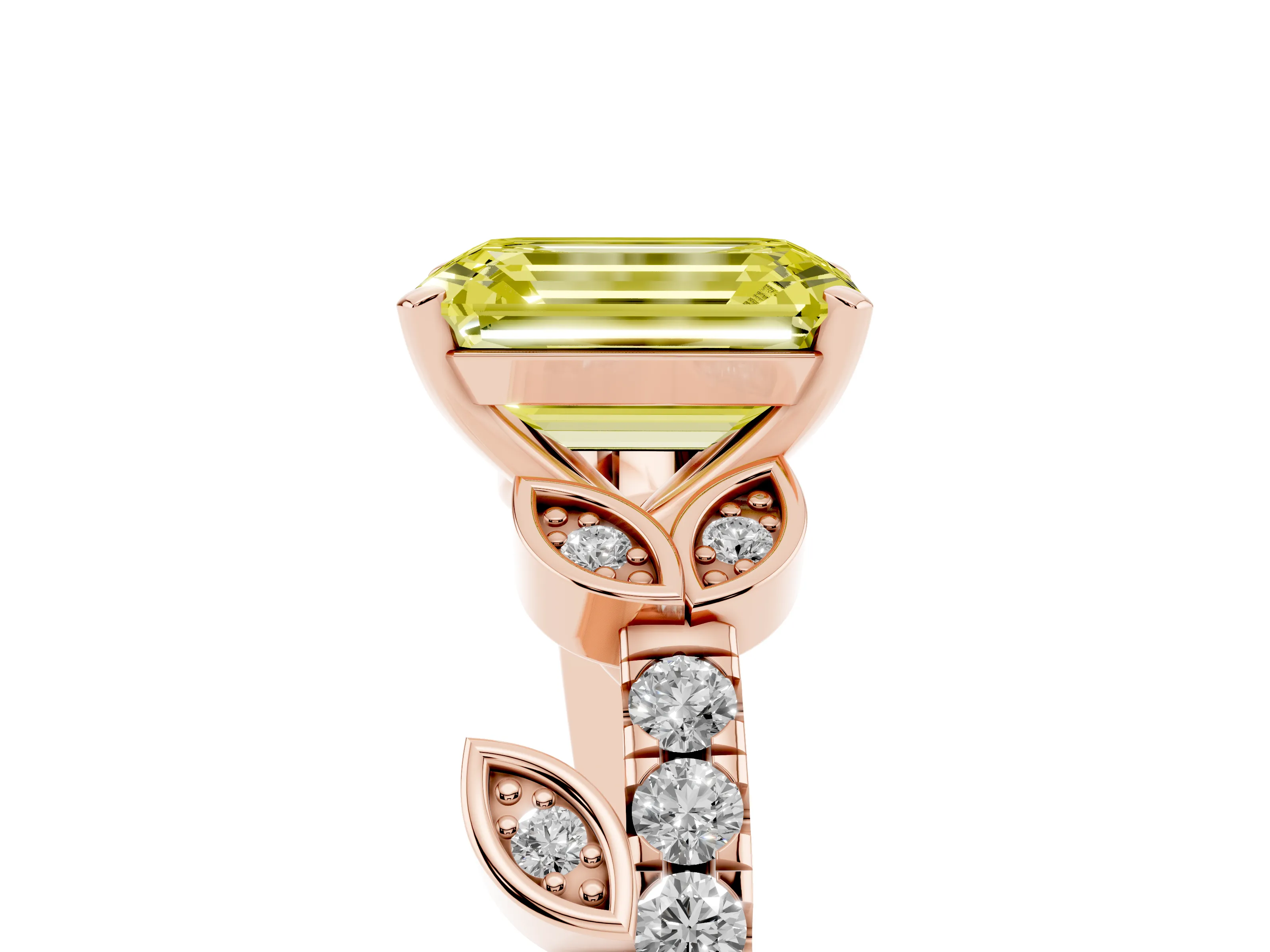 Fancy Yellow Emerald Cut Diamond Solitaire Leaf-Inspired Ring Set in Rose gold with Pavé Band and Prong Setting