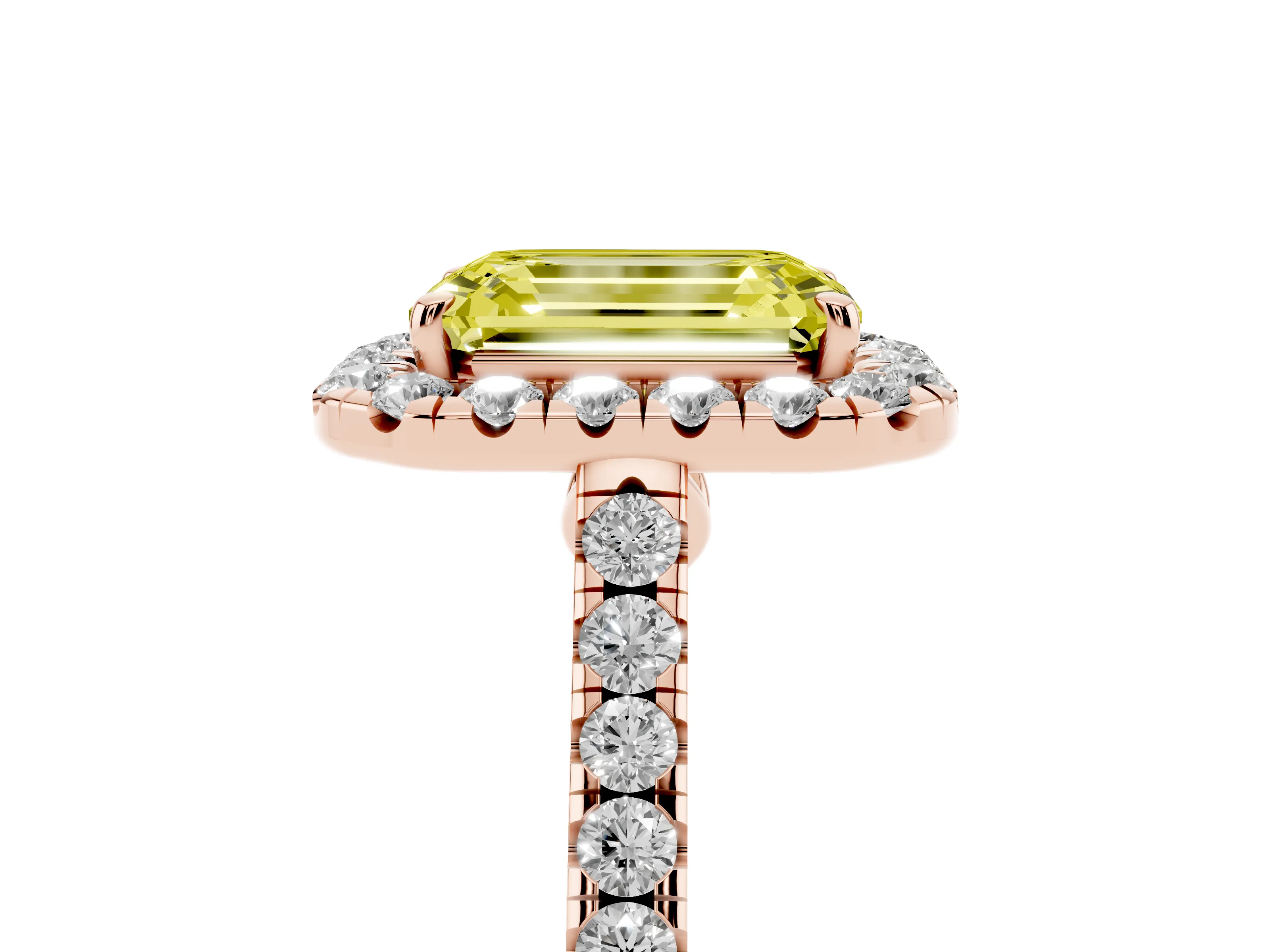 Fancy Yellow Emerald Cut Diamond Halo Pavé Engagement Ring Set in Rose gold with Prong Setting