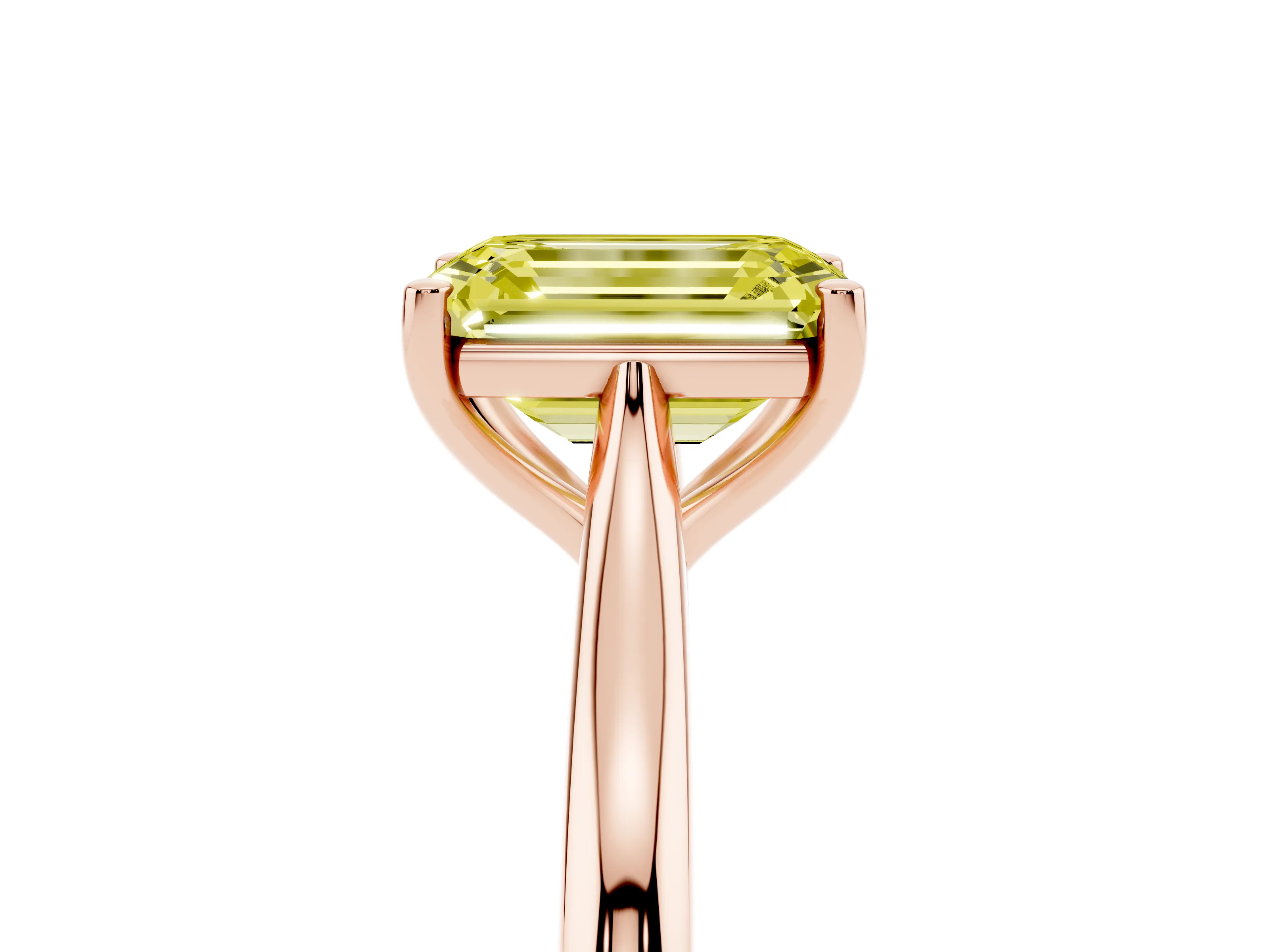Fancy Yellow Emerald Cut Diamond Solitaire Ring Set in Rose gold with Cathedral Band and Prong Setting