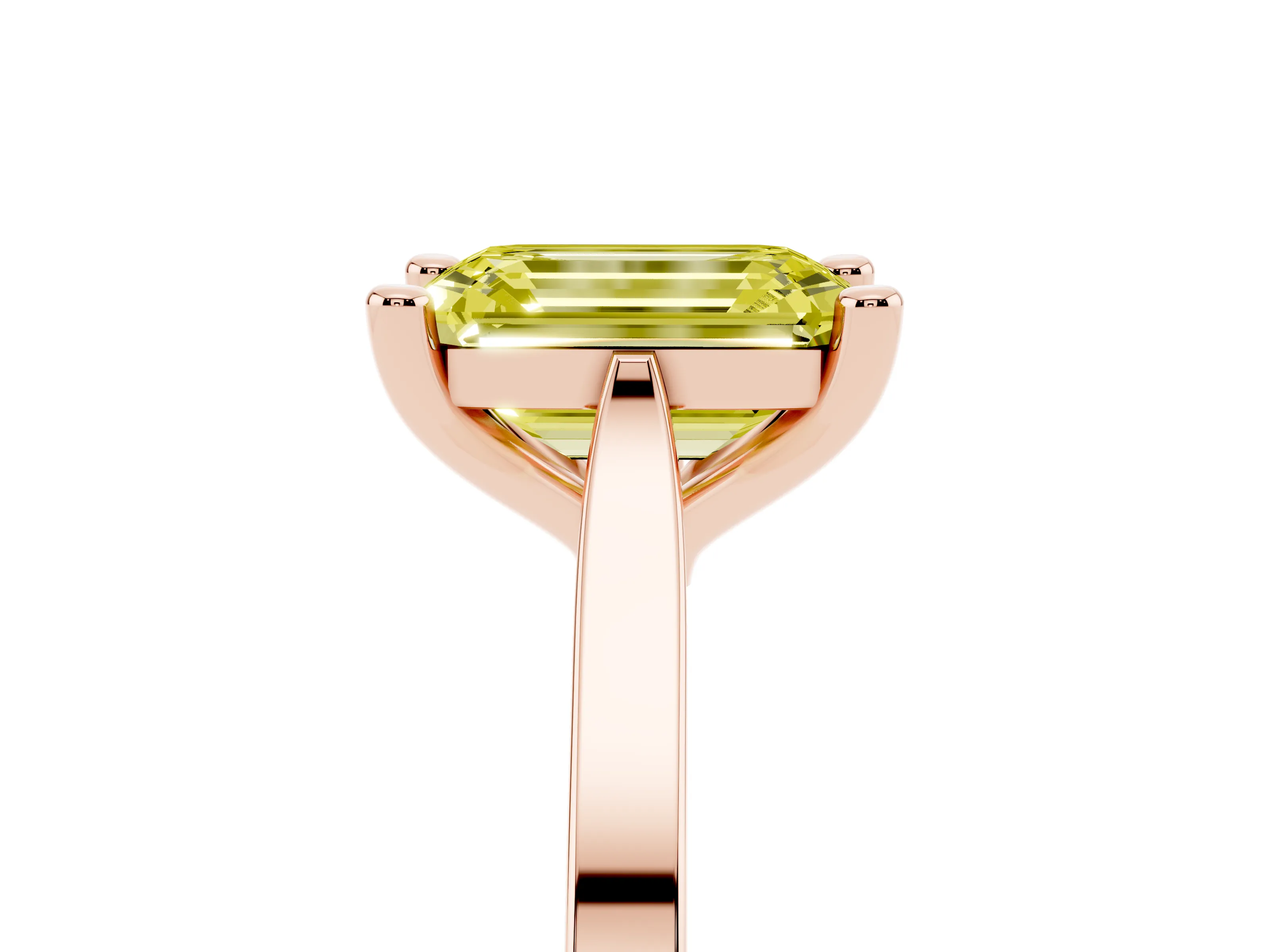 Fancy Yellow Emerald Cut Diamond Solitaire Ring Set in Rose gold with Prong Setting and Tapered Band