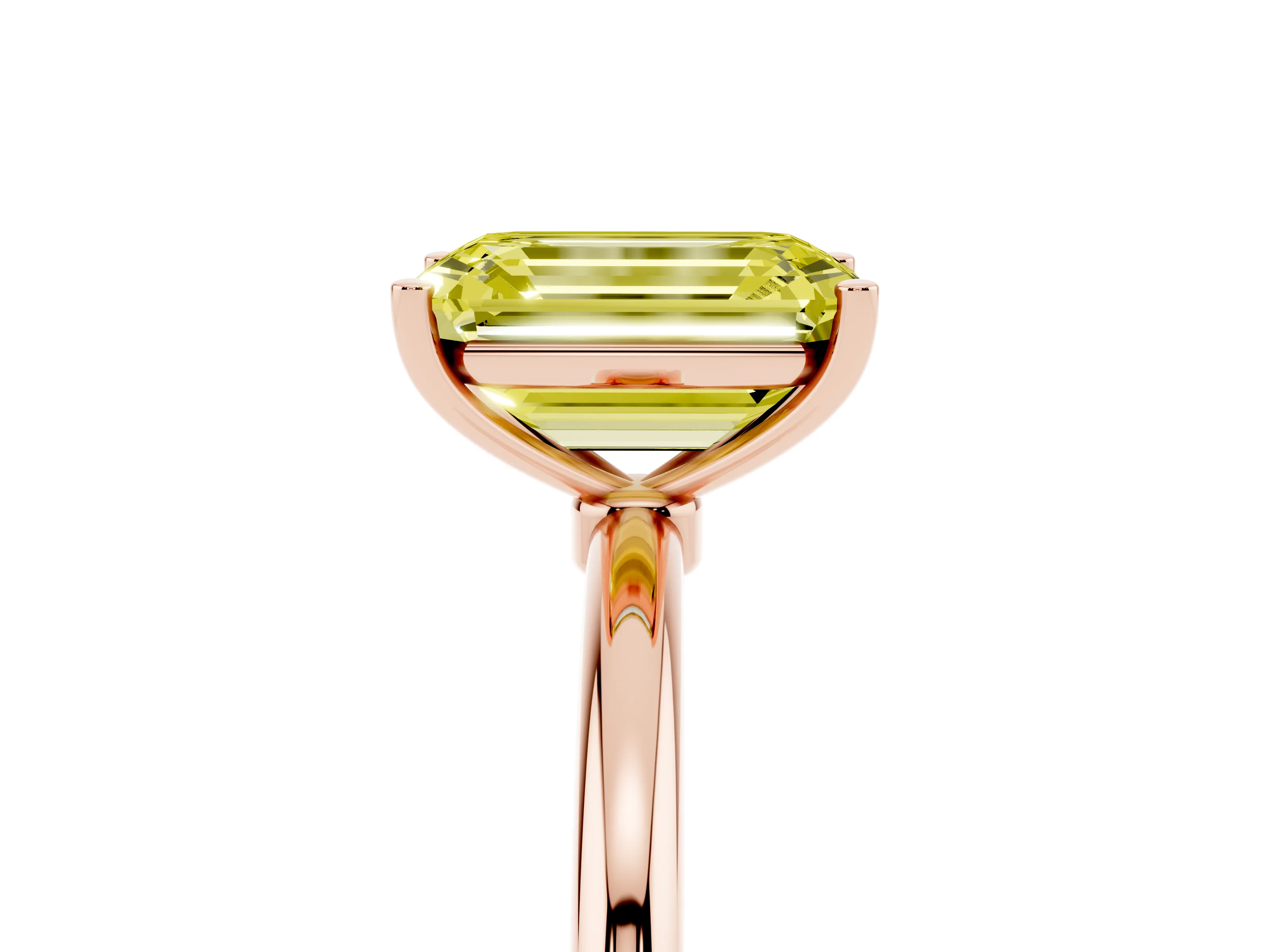 Fancy Yellow Emerald Cut Diamond Solitaire Engagement Ring Set in Rose gold with Thin Band and Prong Setting