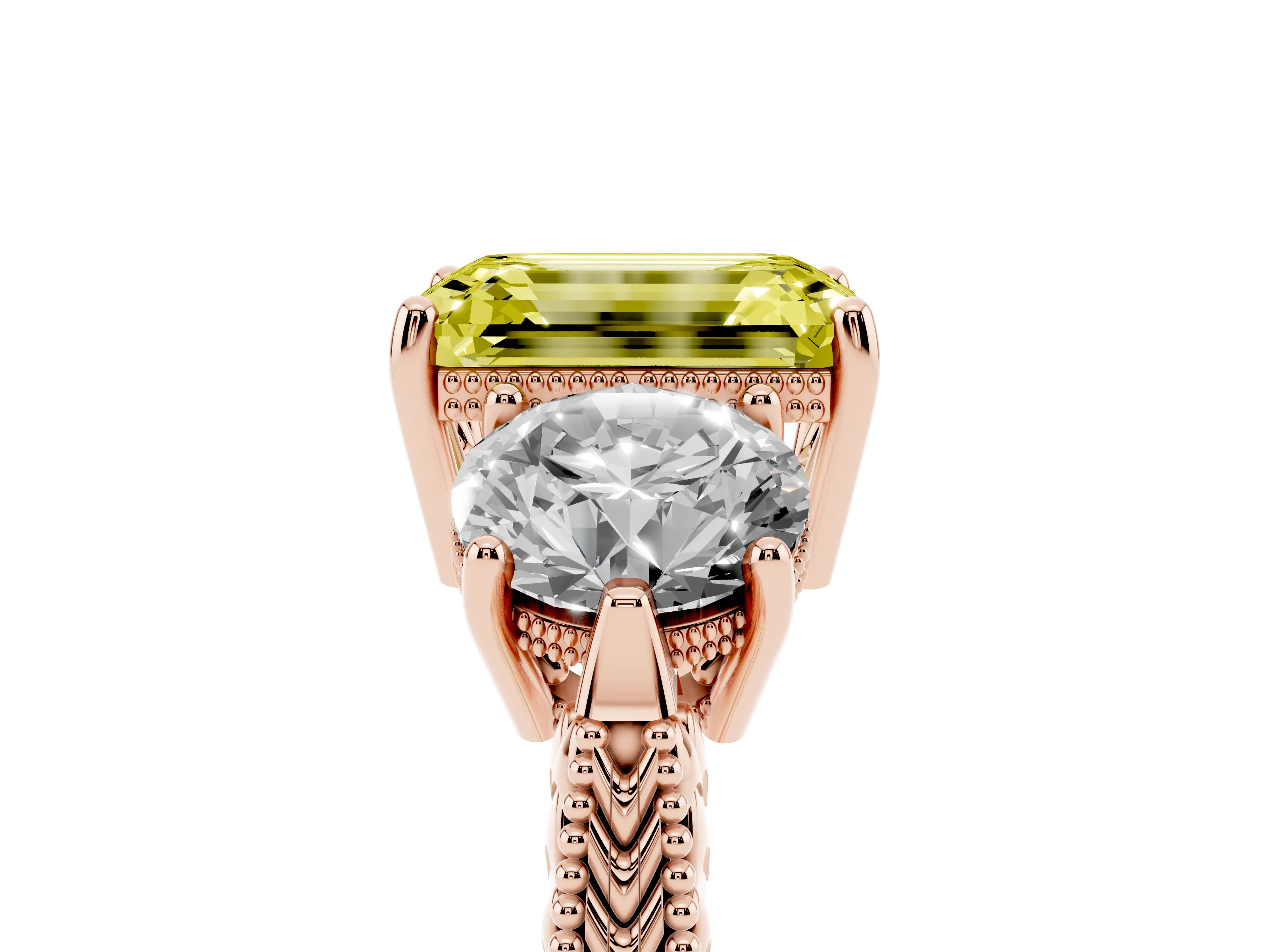 Fancy Yellow Emerald Cut Diamond Three-Stone Ring Set in Rose gold with Milgrain Band