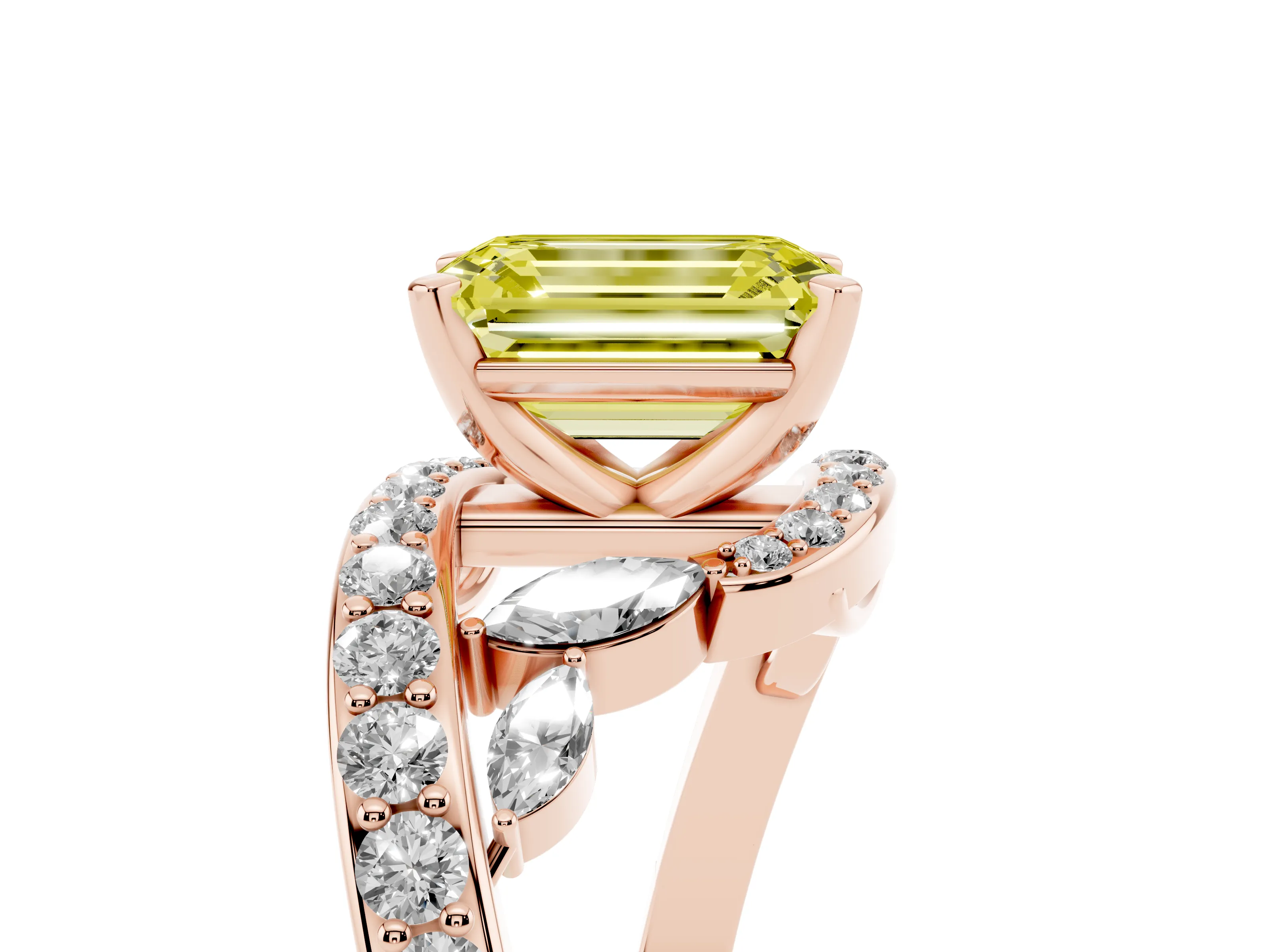 Fancy Yellow Emerald Cut Diamond Solitaire Ring Set in Rose gold with Pavé Twist Band and Secure Prong Setting