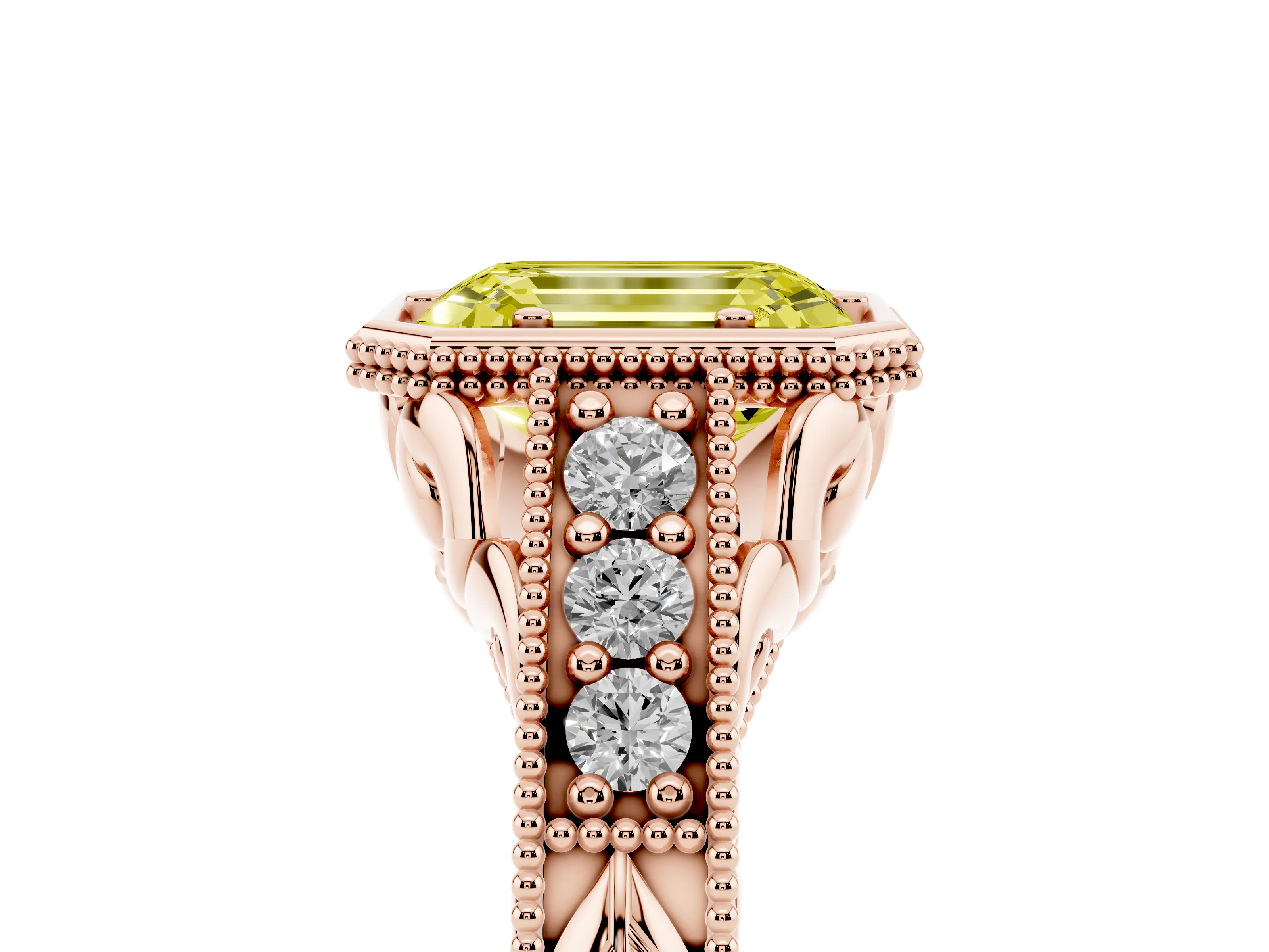 Fancy Yellow Bezel Set Emerald Cut Diamond Milgrain Pavé Engagement Ring Set in Rose gold