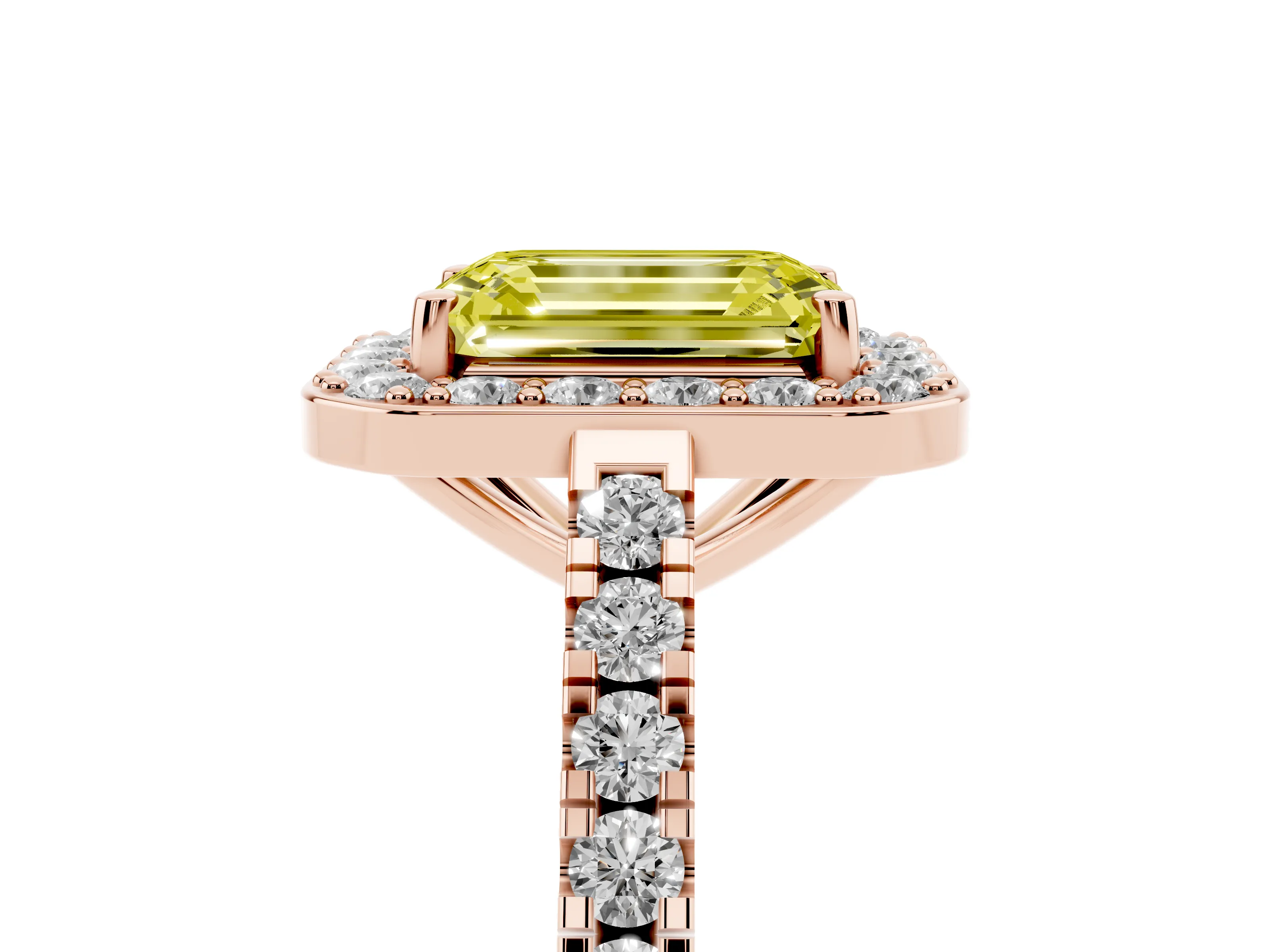 Fancy Yellow Emerald Cut Diamond Halo Ring Set in Rose gold with Round Pavé Split Shank and Prong Setting