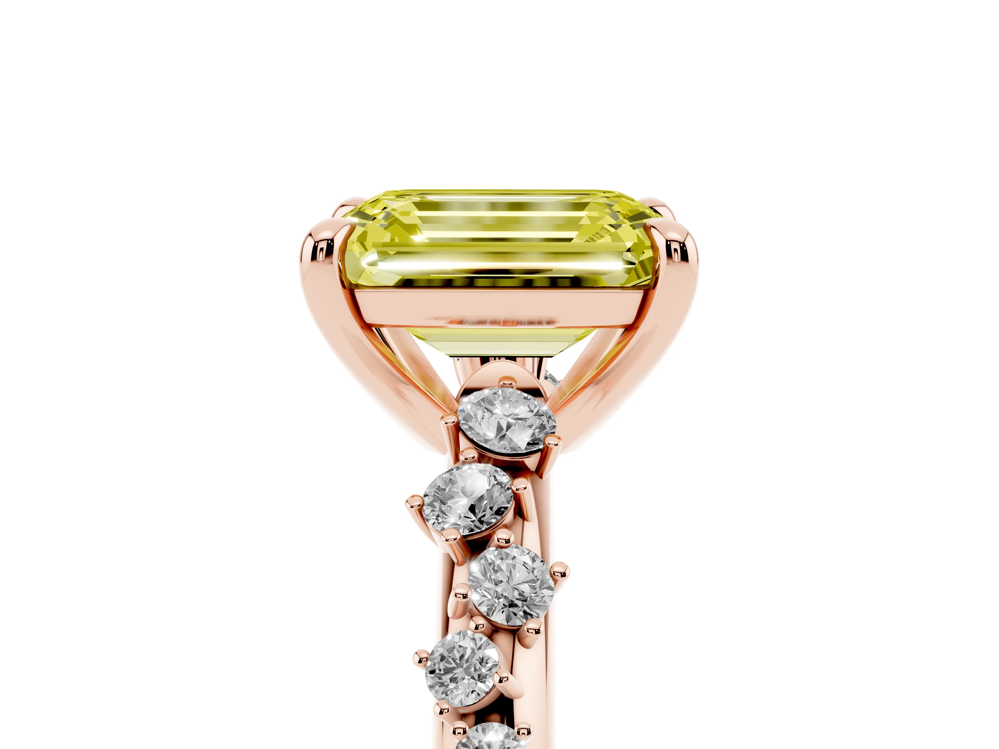Fancy Yellow Emerald Cut Diamond Solitaire Vine Band Ring Set in Rose gold with Round Accents and Prong Setting
