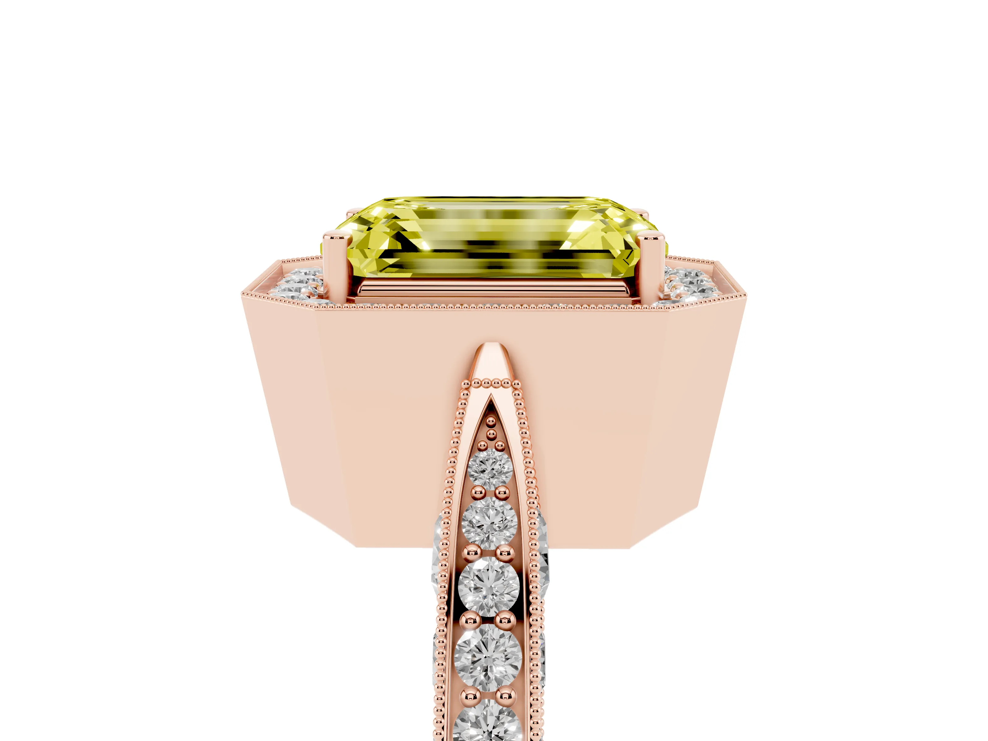 Fancy Yellow Emerald Cut Diamond Halo Engagement Ring Set in Rose gold with Accent Split Shank Band