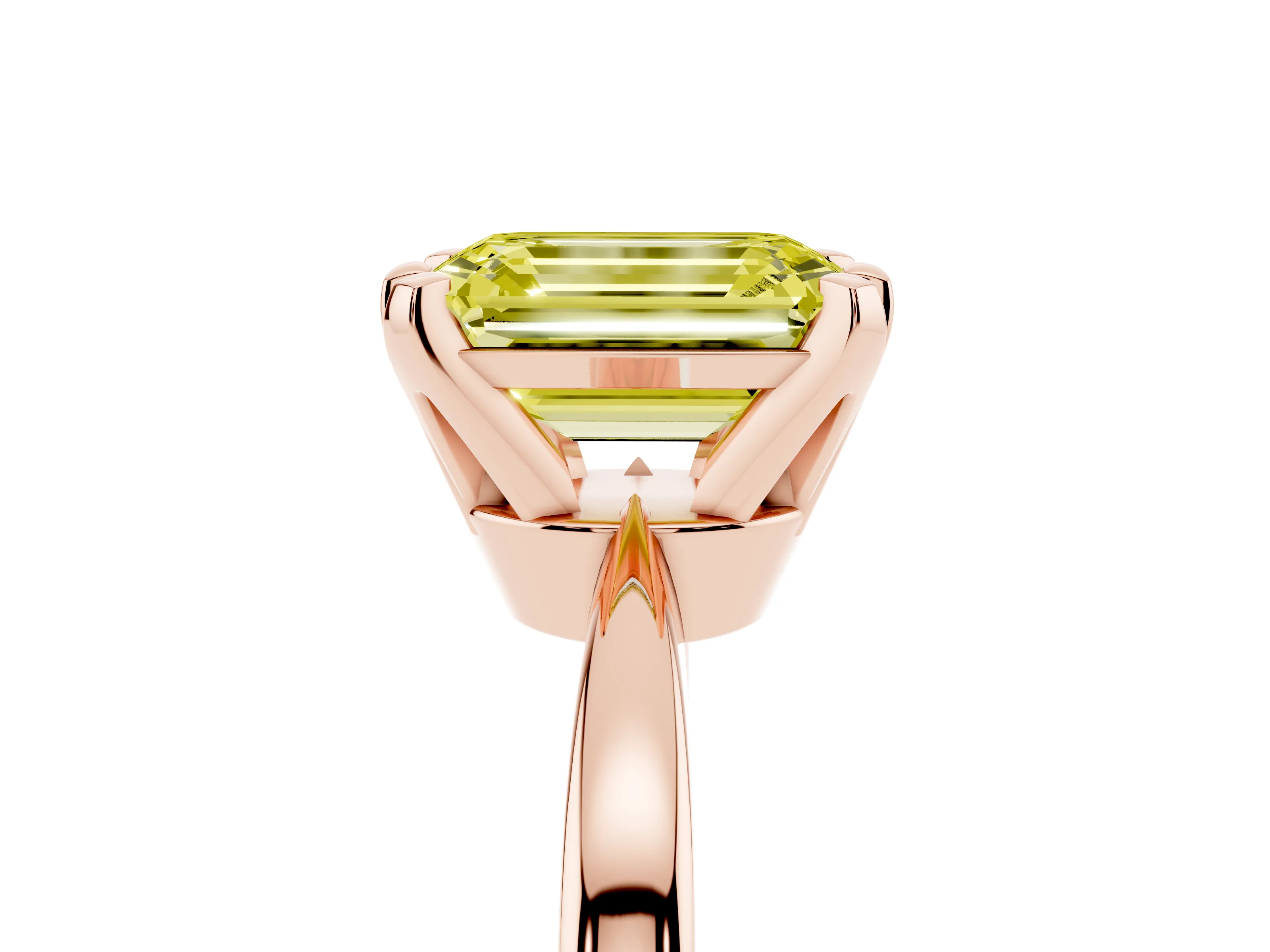 Fancy Yellow Emerald Cut Diamond Solitaire Engagement Ring Set in Rose gold with Slim Tapered Solitaire Band
