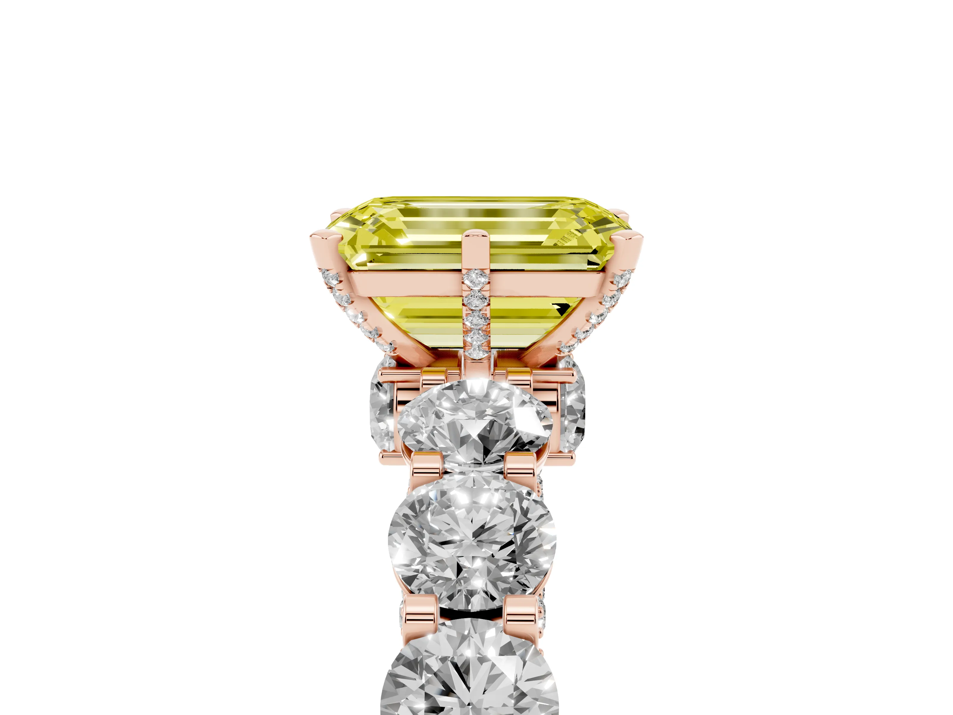 Fancy Yellow Emerald Cut Diamond Side Stone Ring Set in Rose gold with Alternating Round and Oval Side Stones