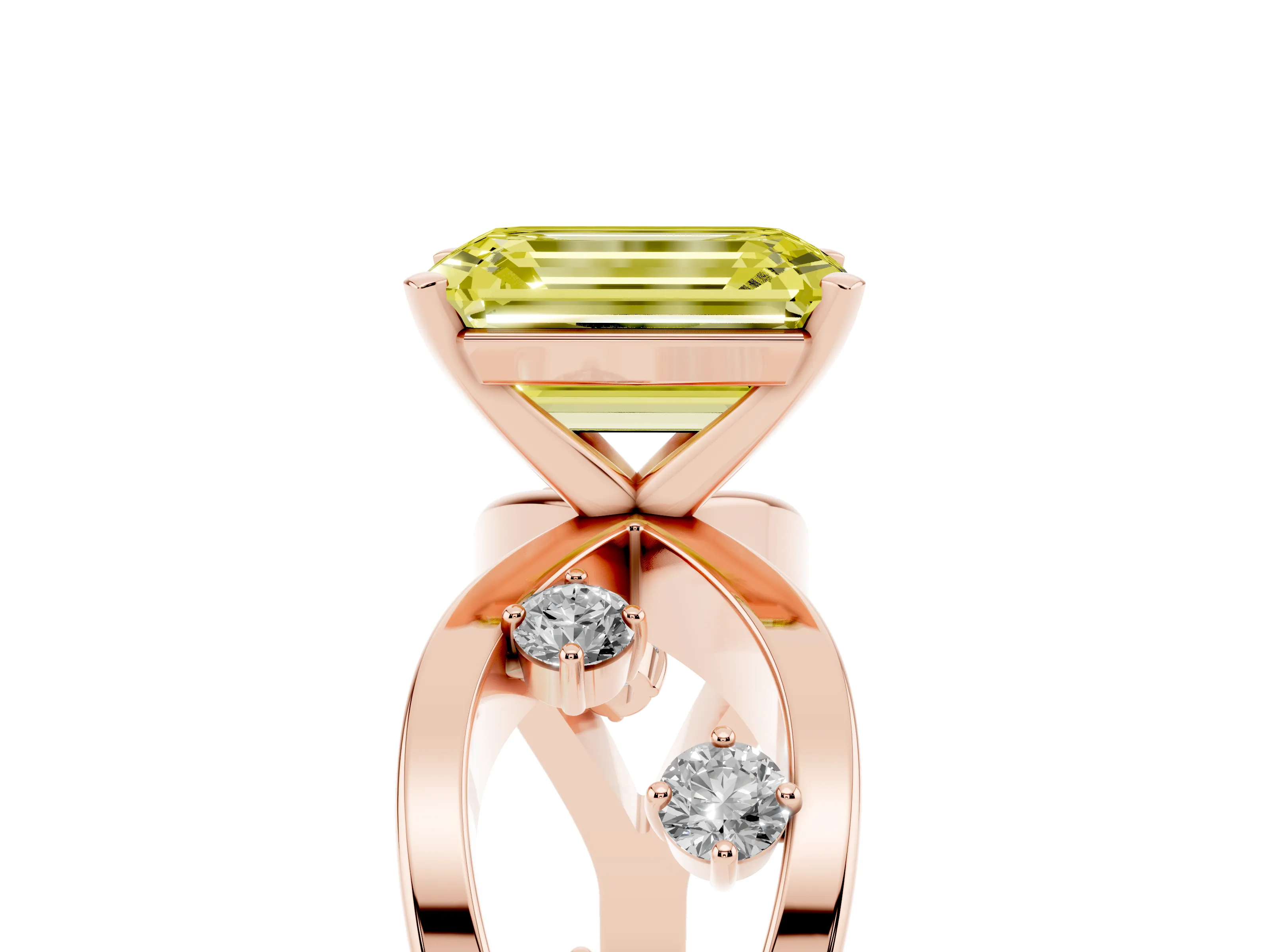 Fancy Yellow Emerald Cut Diamond Solitaire Ring Set in Rose gold with Side Stones on Criss-Cross Band and Prong Setting