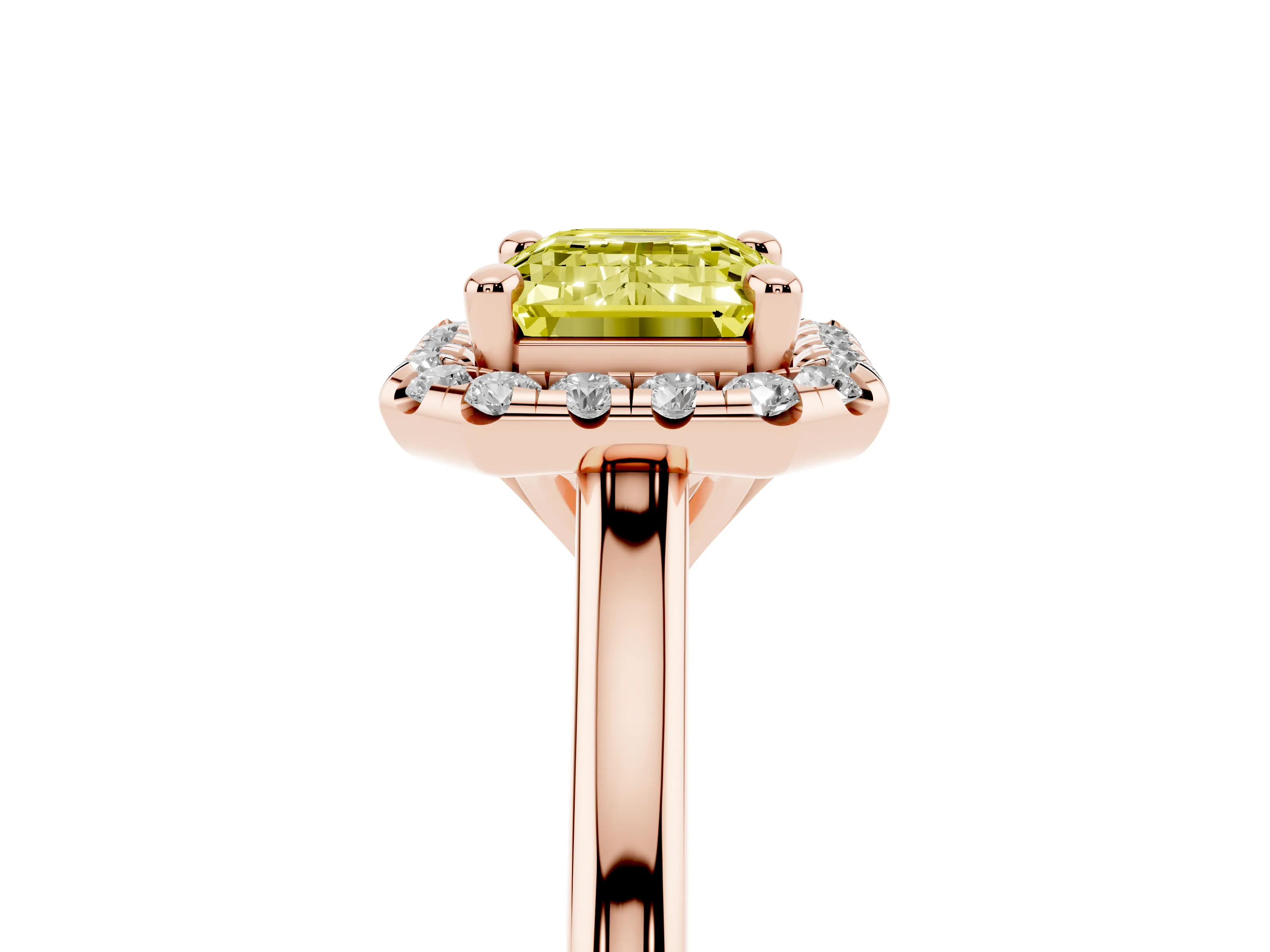 Fancy Yellow Emerald Cut Diamond Halo Engagement Ring Set in Rose gold with Pavé Band and Rising Shoulders