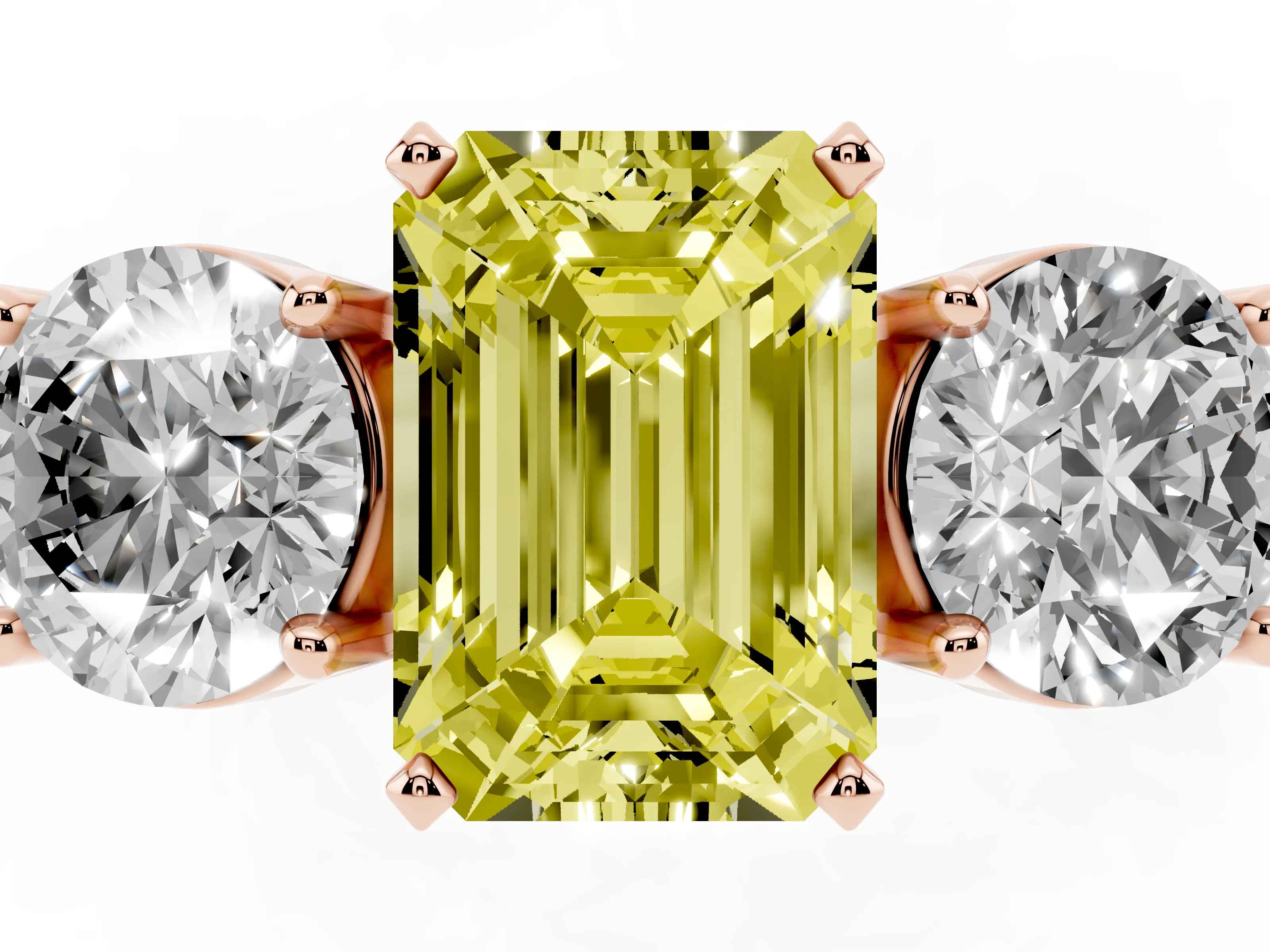 Fancy Yellow Emerald Cut Diamond Three-Stone Ring Set in Rose gold with Round Side Stones and Classic Band