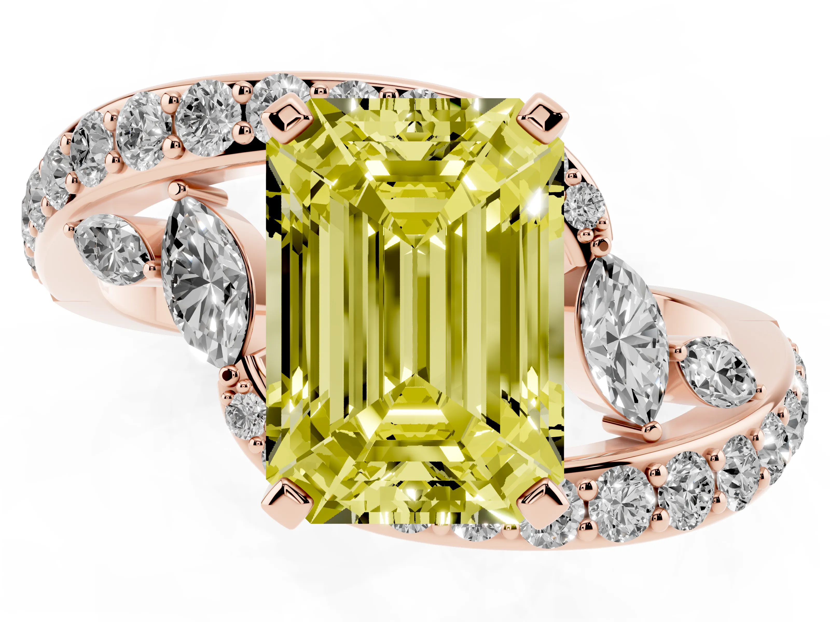 Fancy Yellow Emerald Cut Diamond Solitaire Ring Set in Rose gold with Pavé Twist Band and Secure Prong Setting