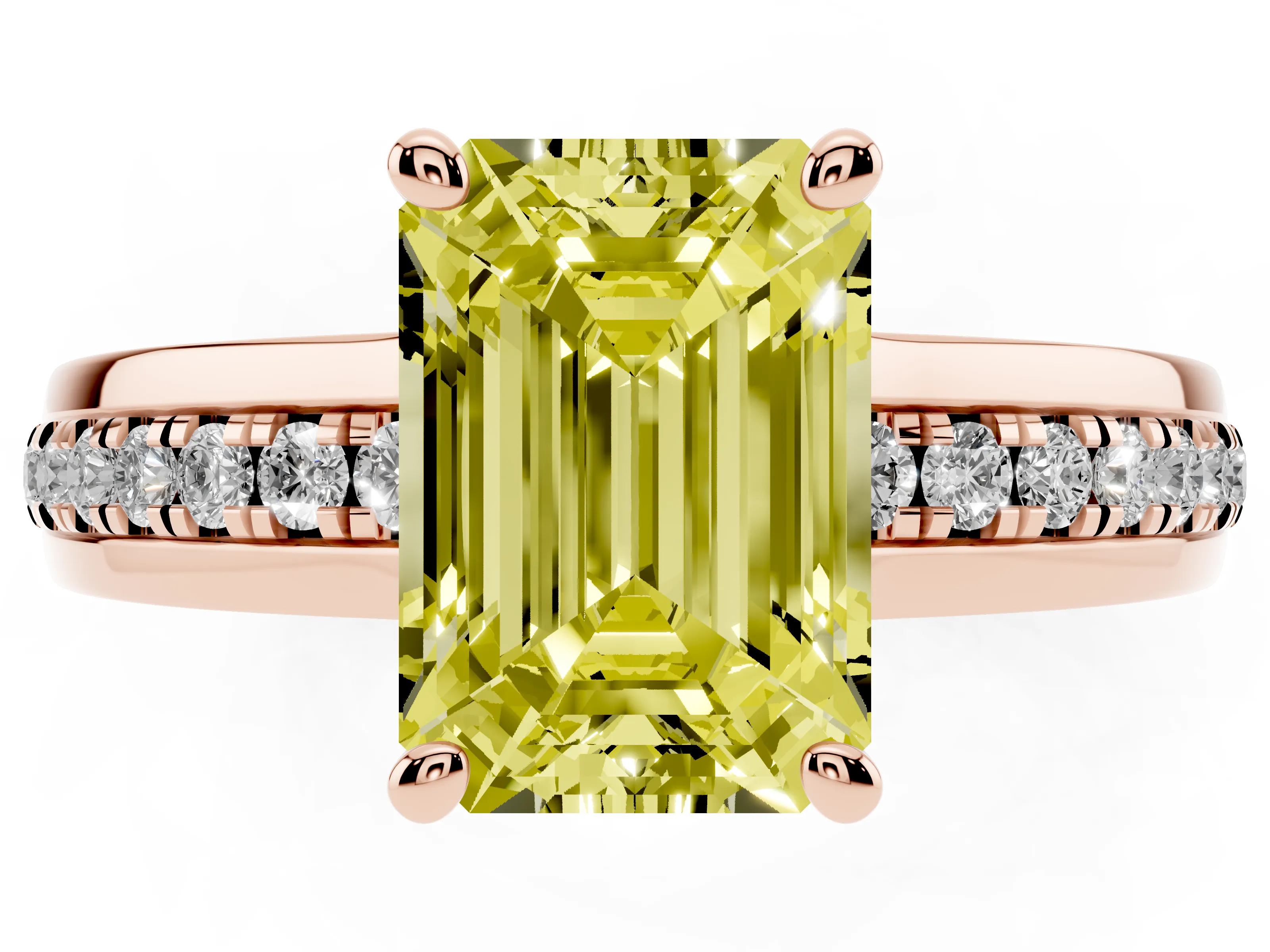 Fancy Yellow Emerald Cut Diamond Solitaire Ring Set in Rose gold with Channel Set Band and Prong Setting