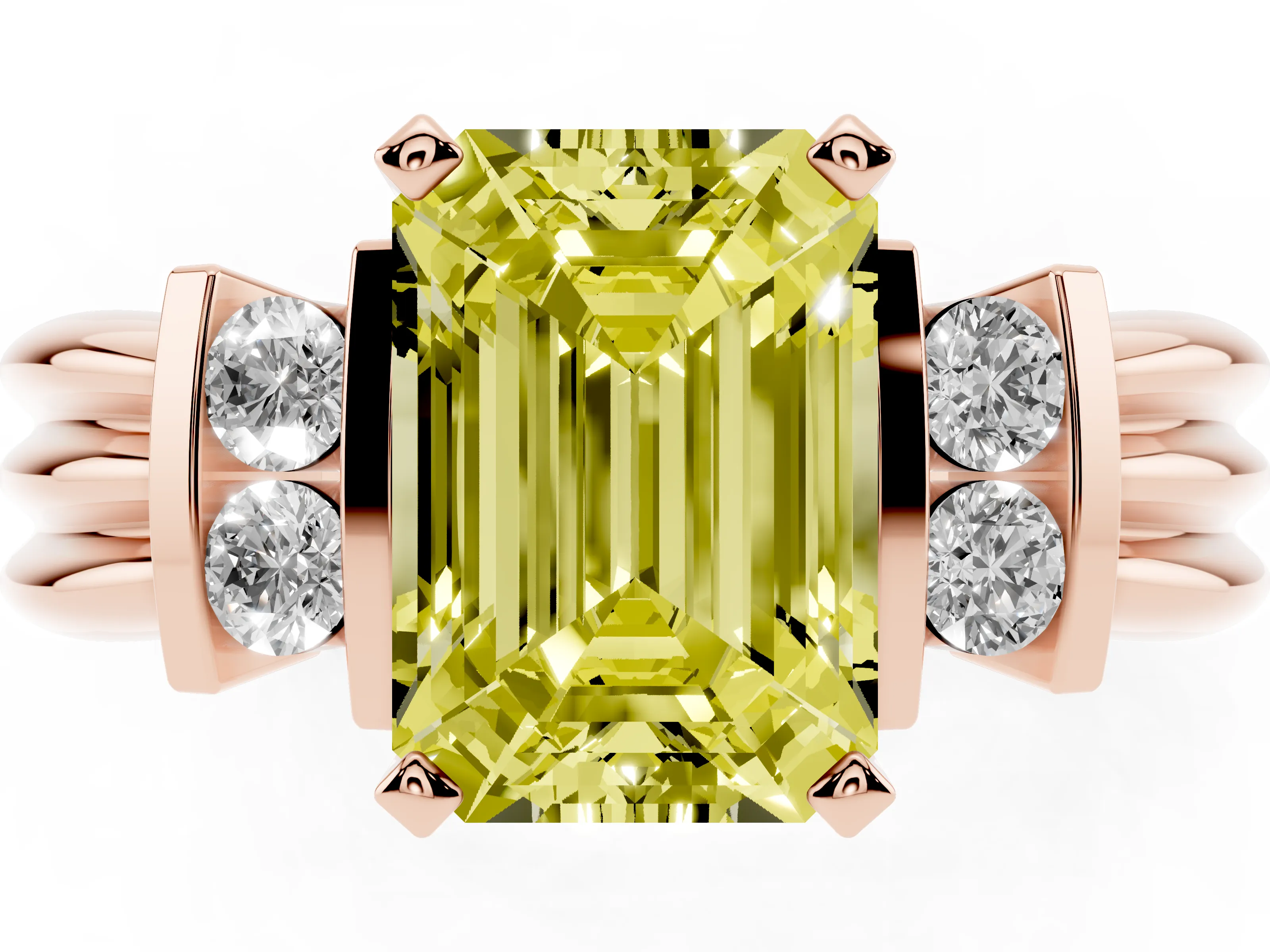 Fancy Yellow Three-Stone Emerald Cut Diamond Channel Set Ring Set in Rose gold with Bar Prongs