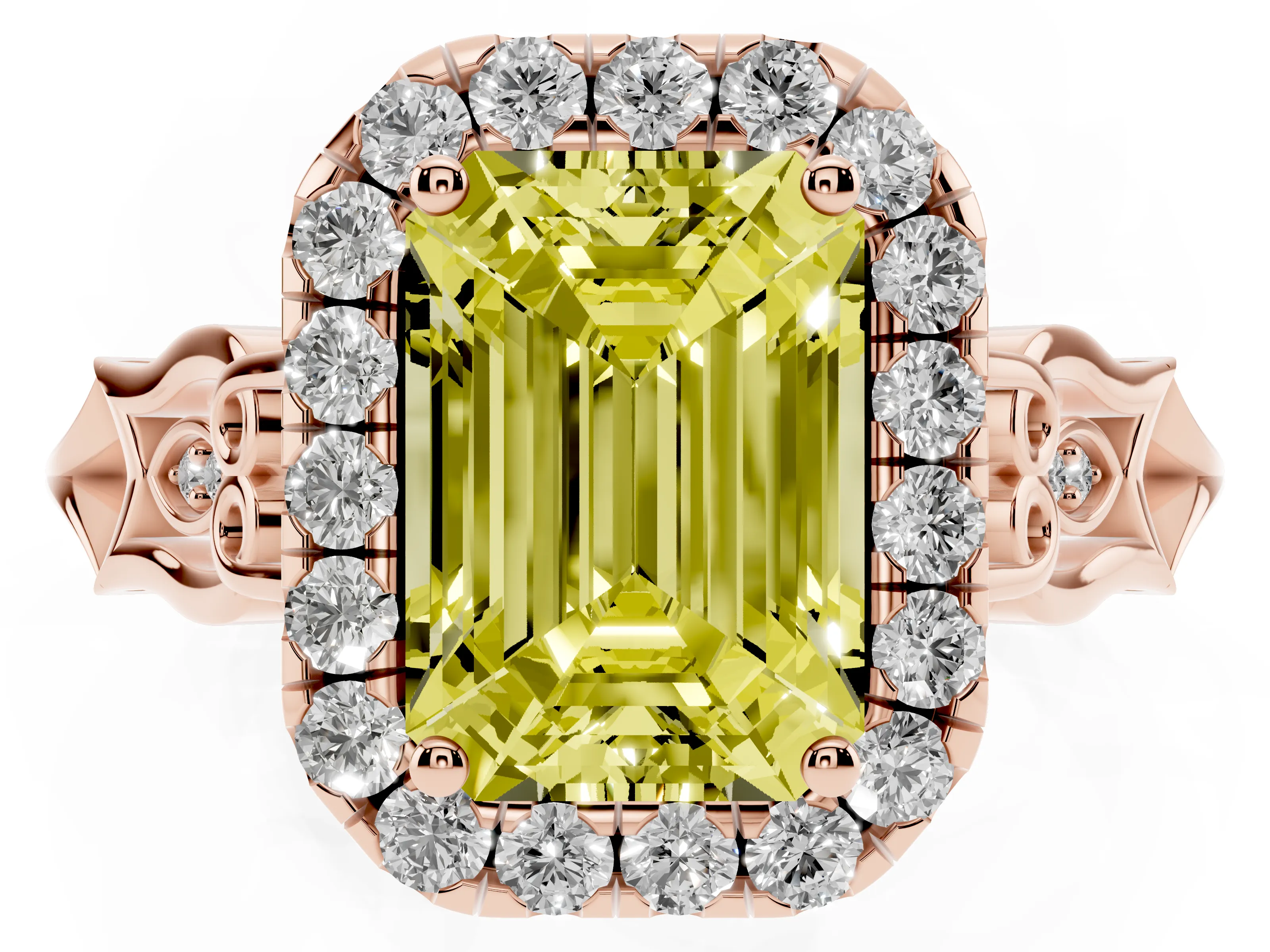 Fancy Yellow Emerald Cut Diamond Halo Engagement Ring Set in Rose gold with Filigree Band and Prong-Set Center