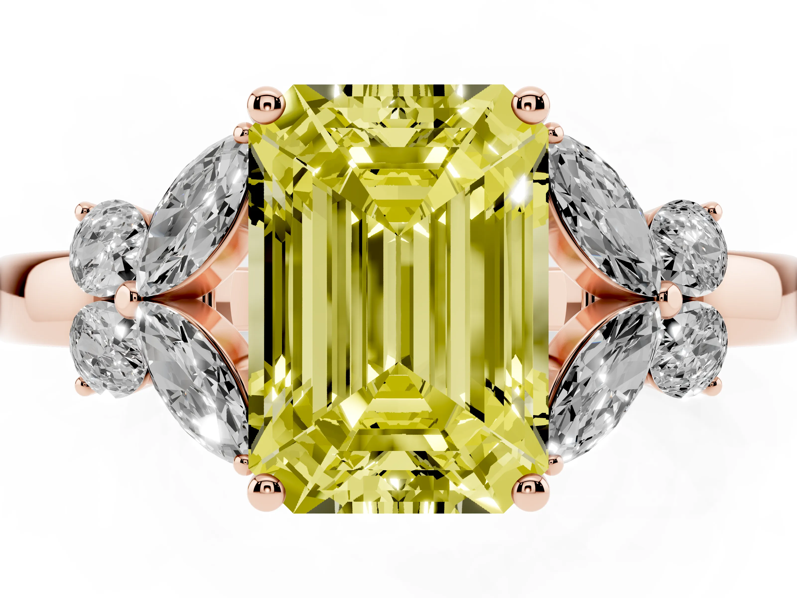 Fancy Yellow Emerald Cut Diamond Solitaire Floral Ring Set in Rose gold with Marquise Petals and Prong Setting
