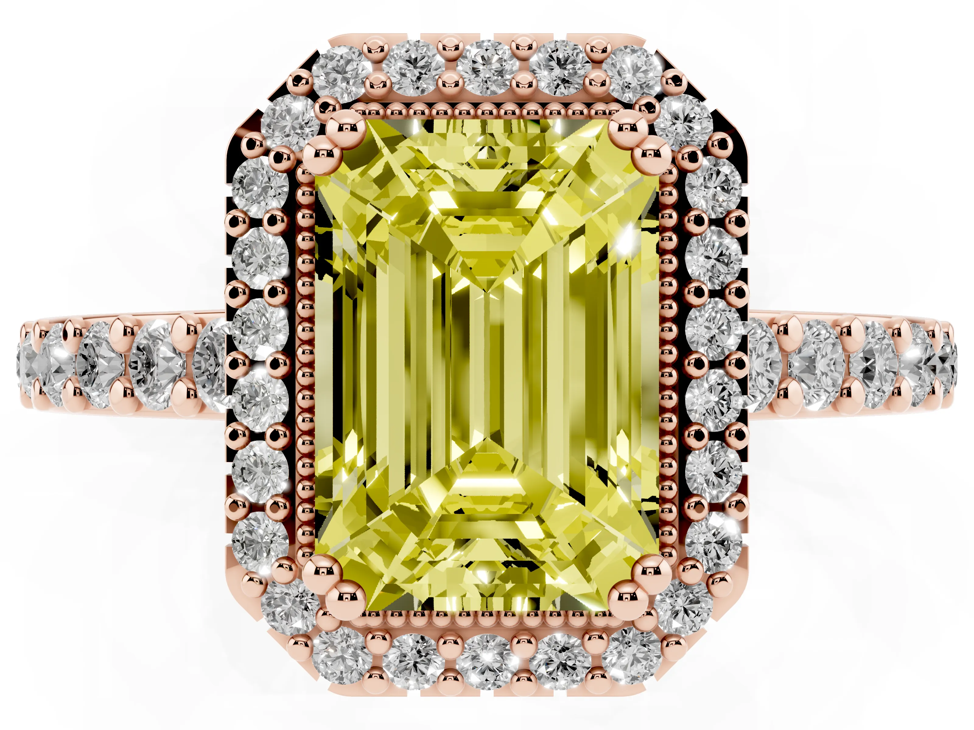 Fancy Yellow Emerald Cut Diamond Halo Engagement Ring Set in Rose gold with Milgrain Detail and Pavé Band