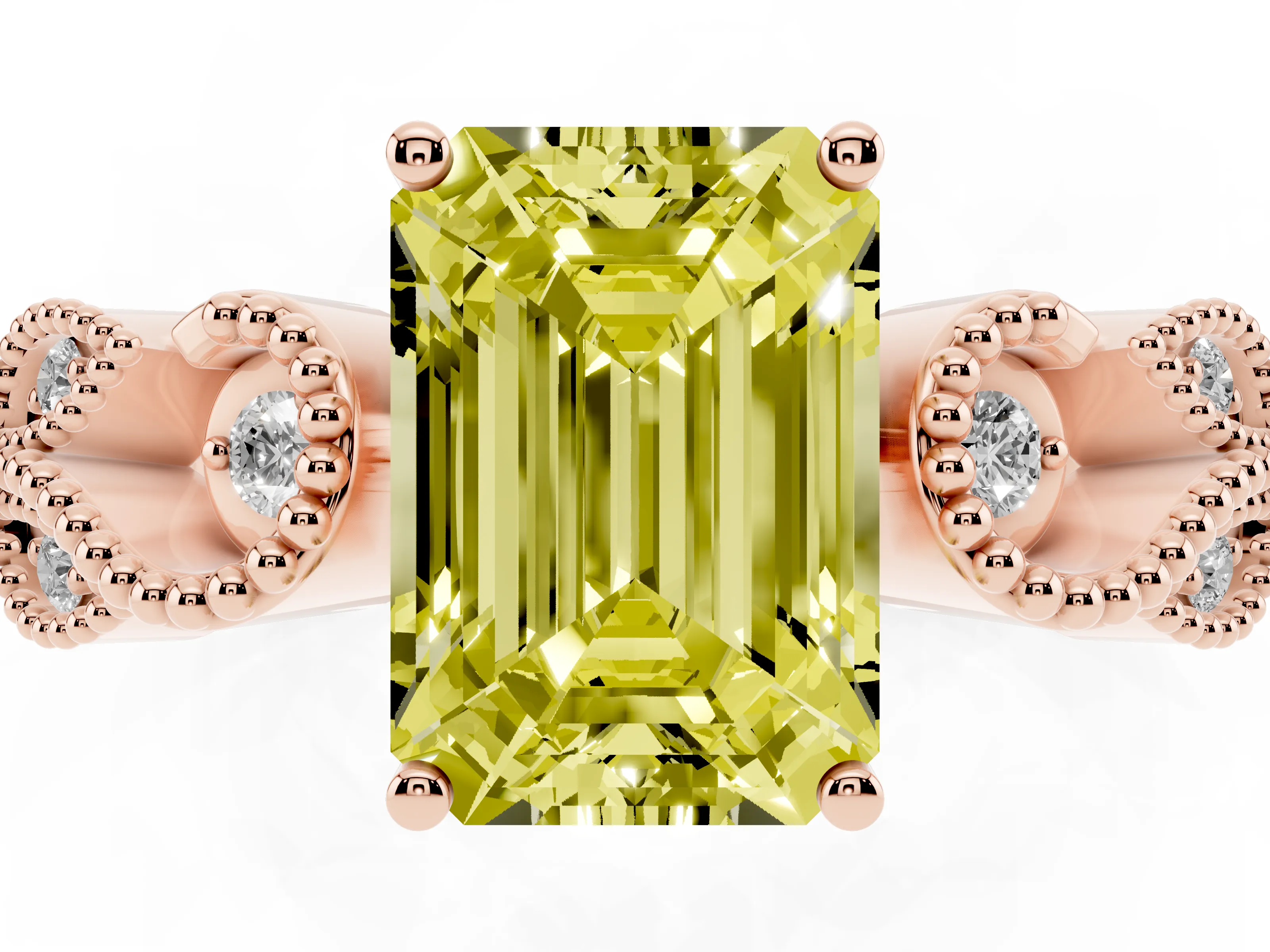 Fancy Yellow Emerald Cut Diamond Milgrain Leaf Band Solitaire Ring Set in Rose gold with Accent Stones and Prong Setting